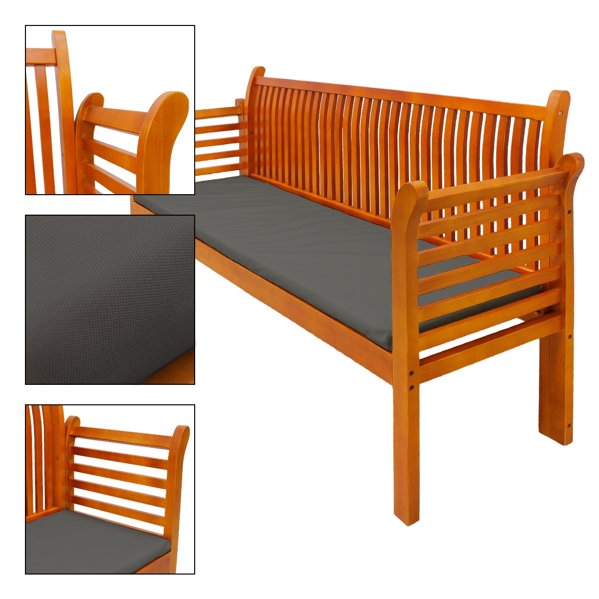 Detailweergave van een houten bank met zwarte bekleding en houten latten.