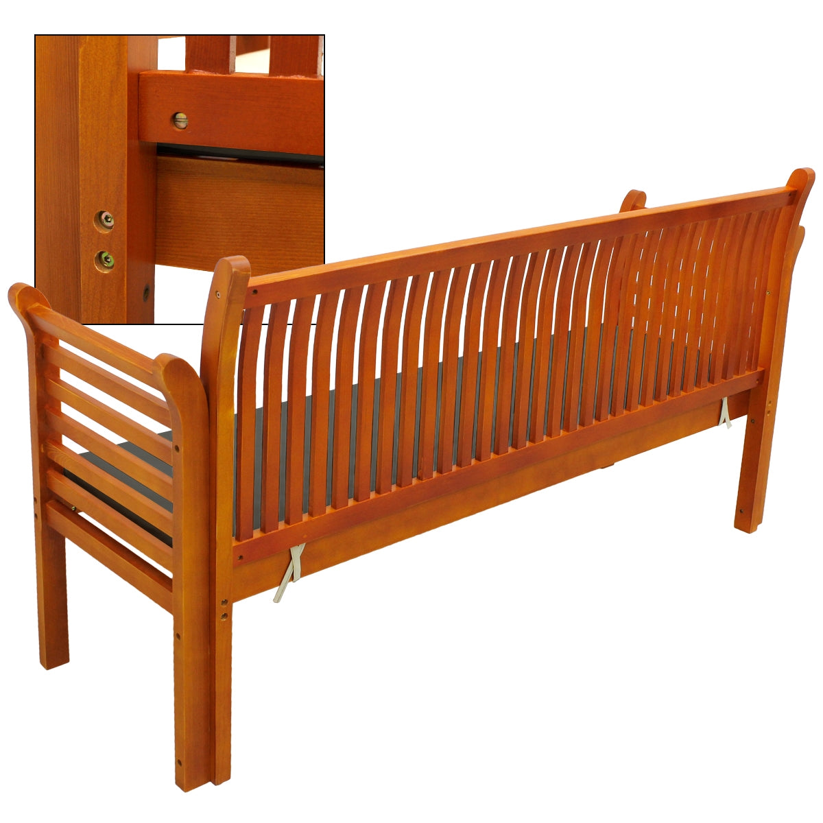 Houten bank met verticale spijlen en een detailweergave.