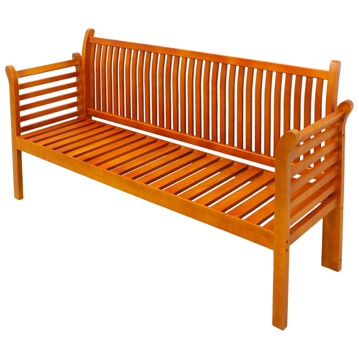 Houten bank met verticale spijlen en een warme houtkleur.