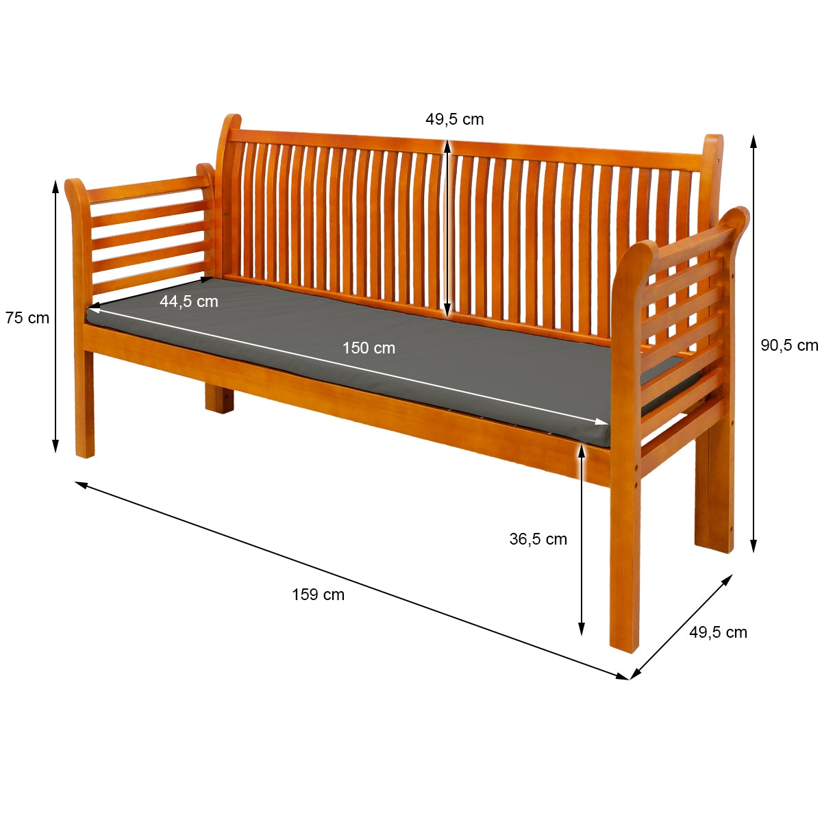 Een houten bank met rugleuning en grijze bekleding, afmetingen zijn opgegeven.
