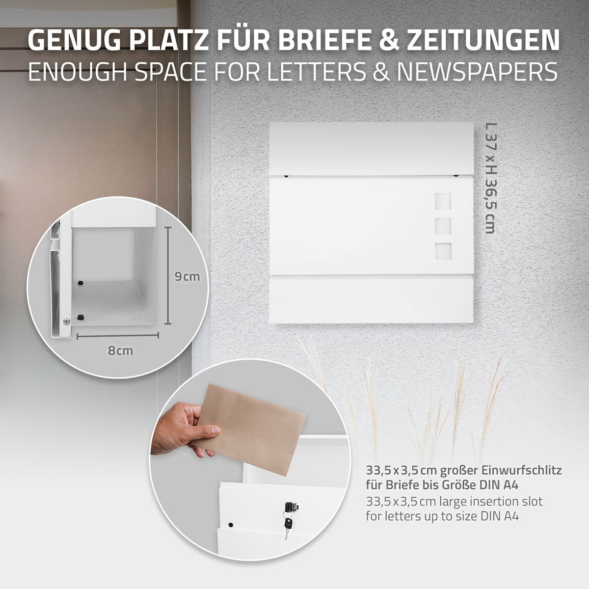 Grafik mit Maßen und Details zu einem Briefkasten.