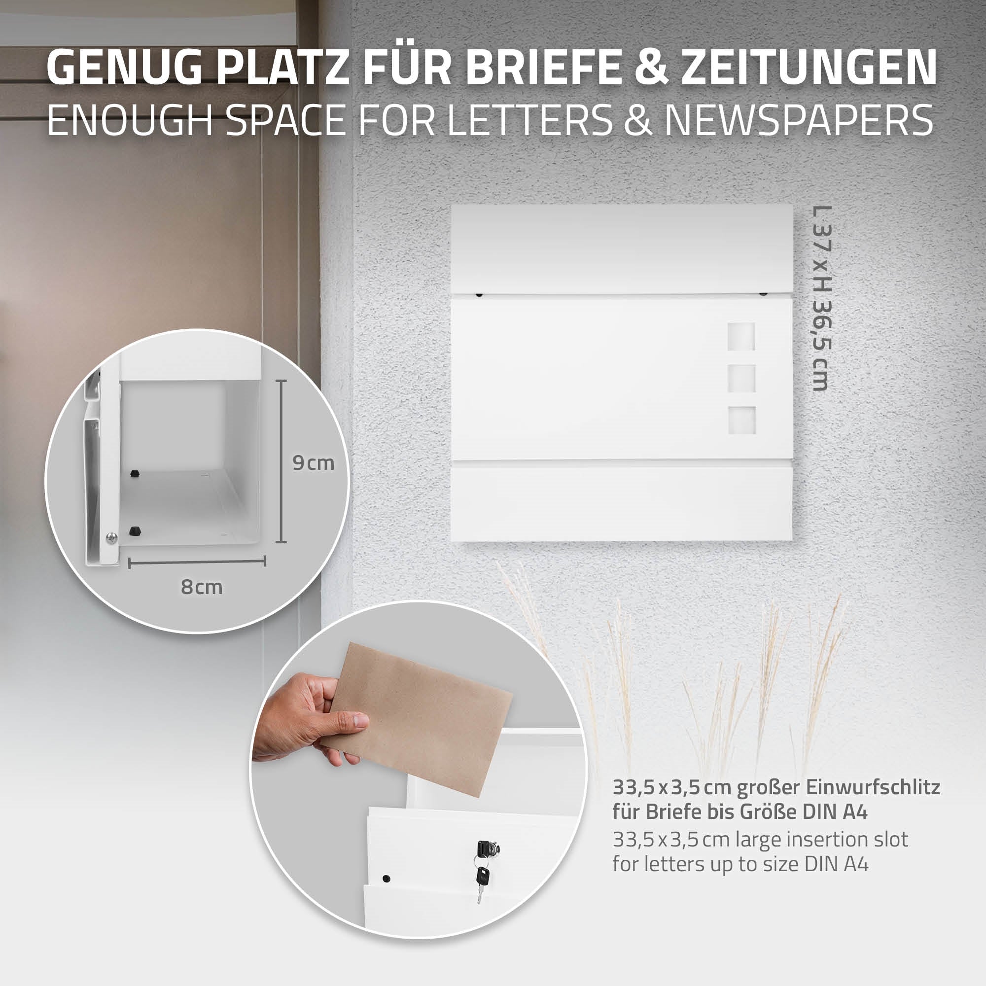 Grafik mit Maßen und Details zu einem Briefkasten.