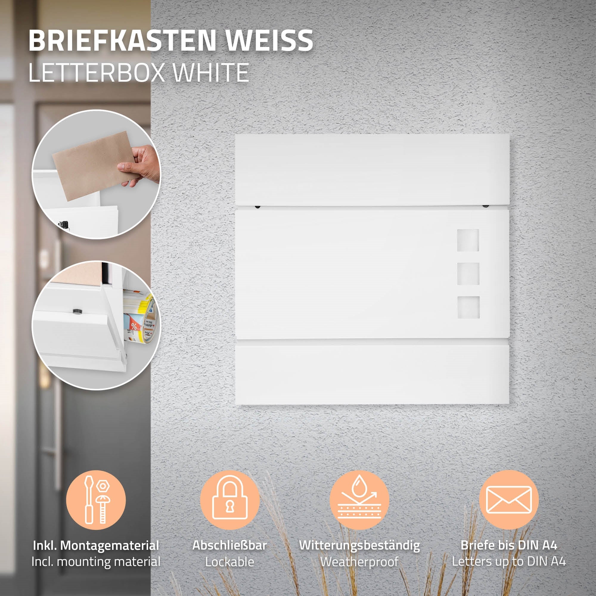 Weißer Briefkasten an einer Wand, mit Montageanleitung und Informationen.