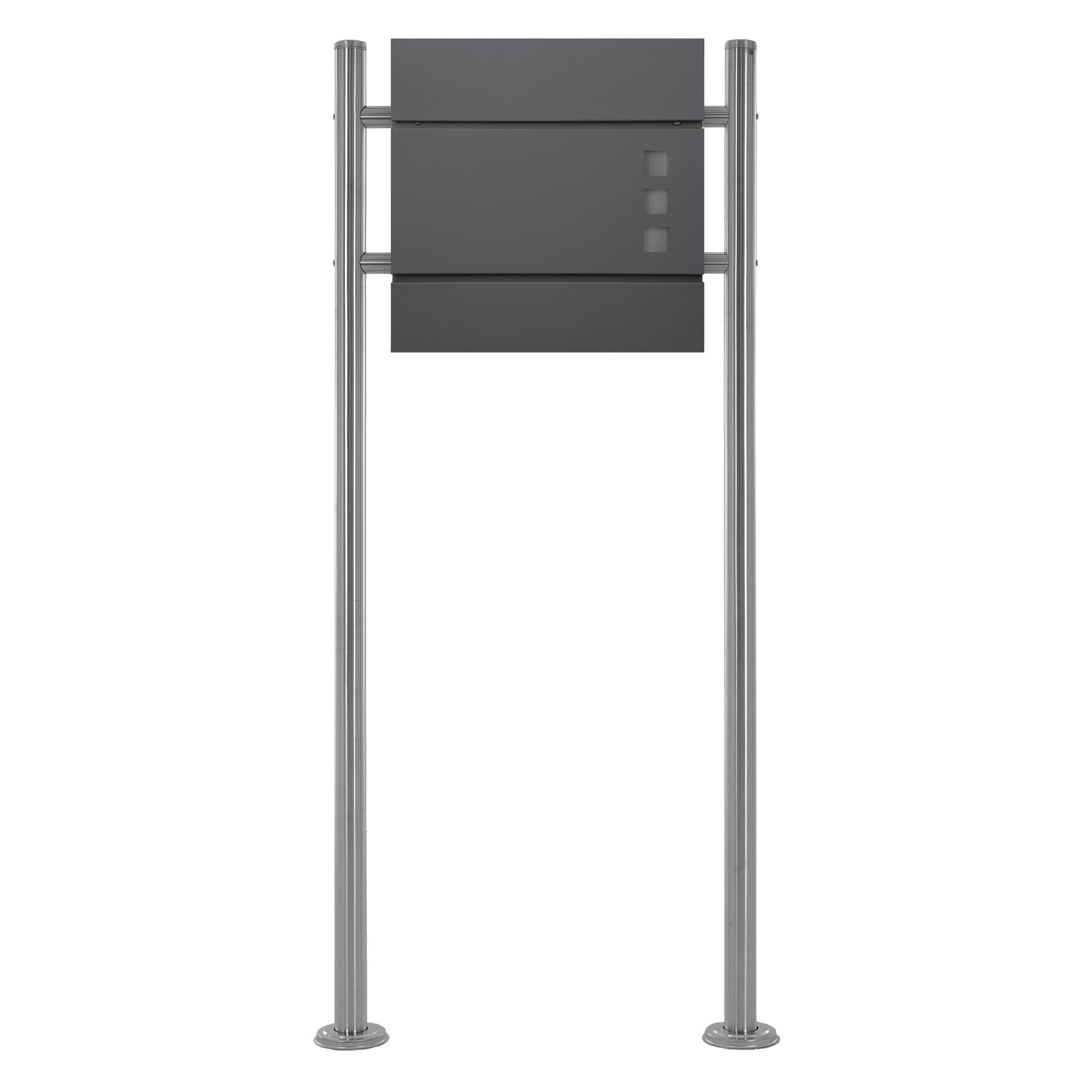 Mailbox with two compartments on a silver stand.