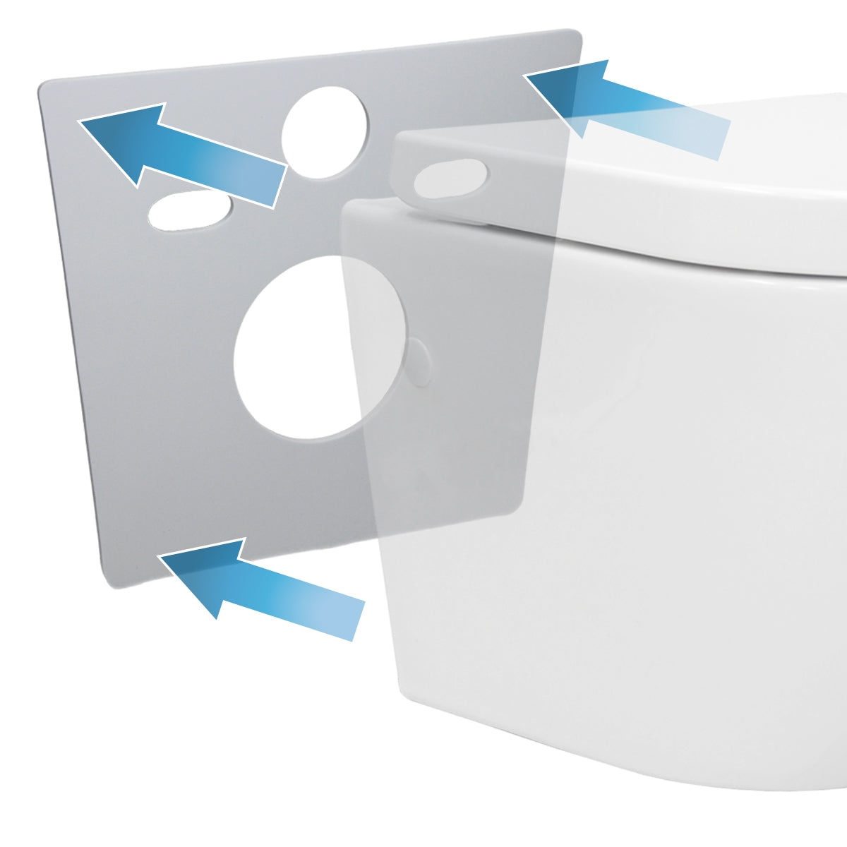 Montageplatte für WC mit Ausschnitten, die an einer Toilette angebracht wird.