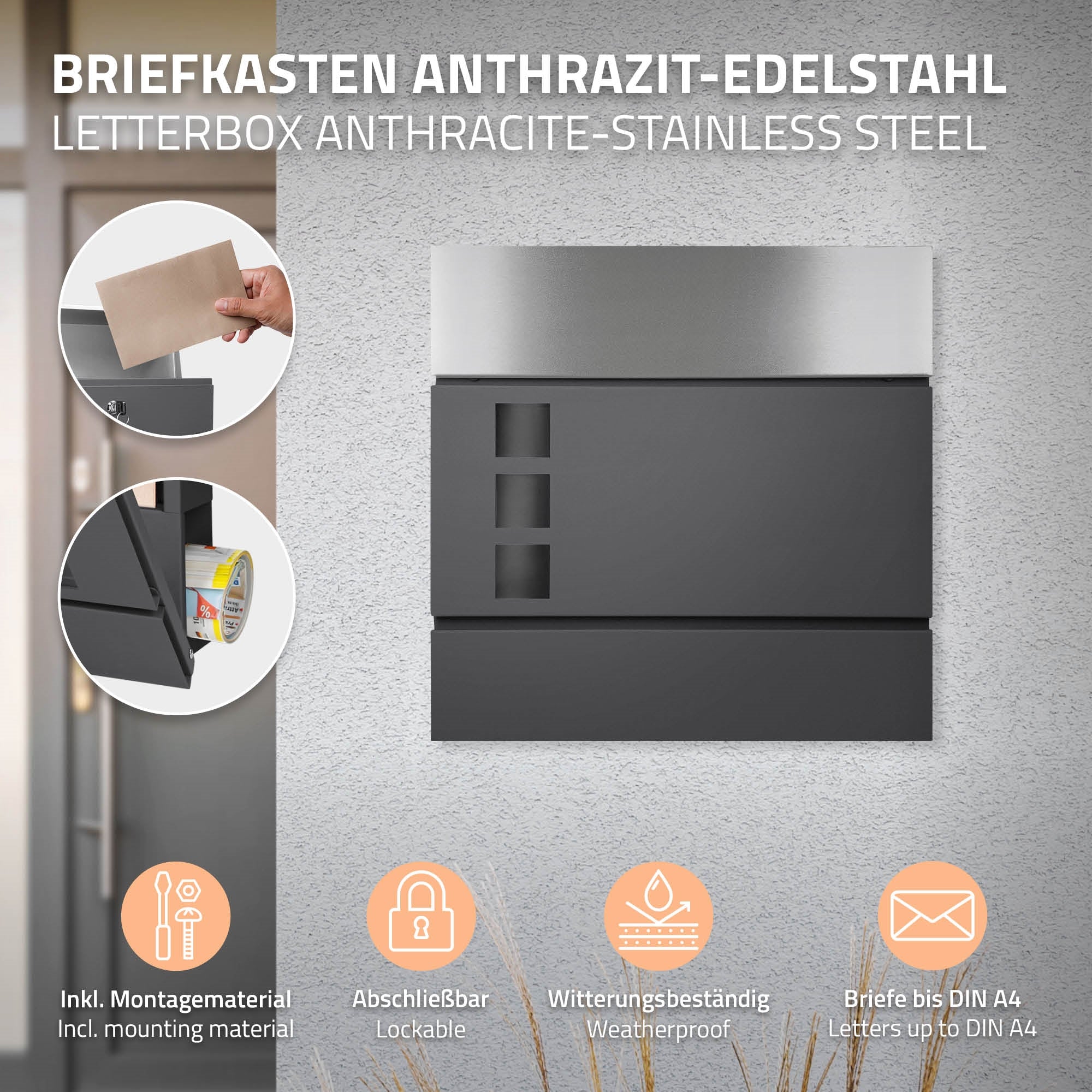 Briefkasten mit Platz für Briefe und Zeitungen, wetterfest und abschließbar.
