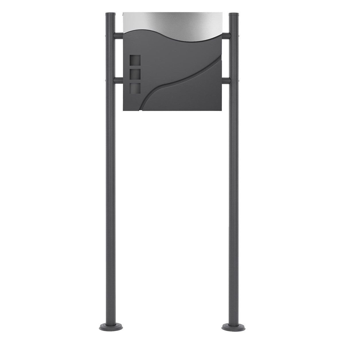 Freestanding mailbox with a curved front, on two supports.