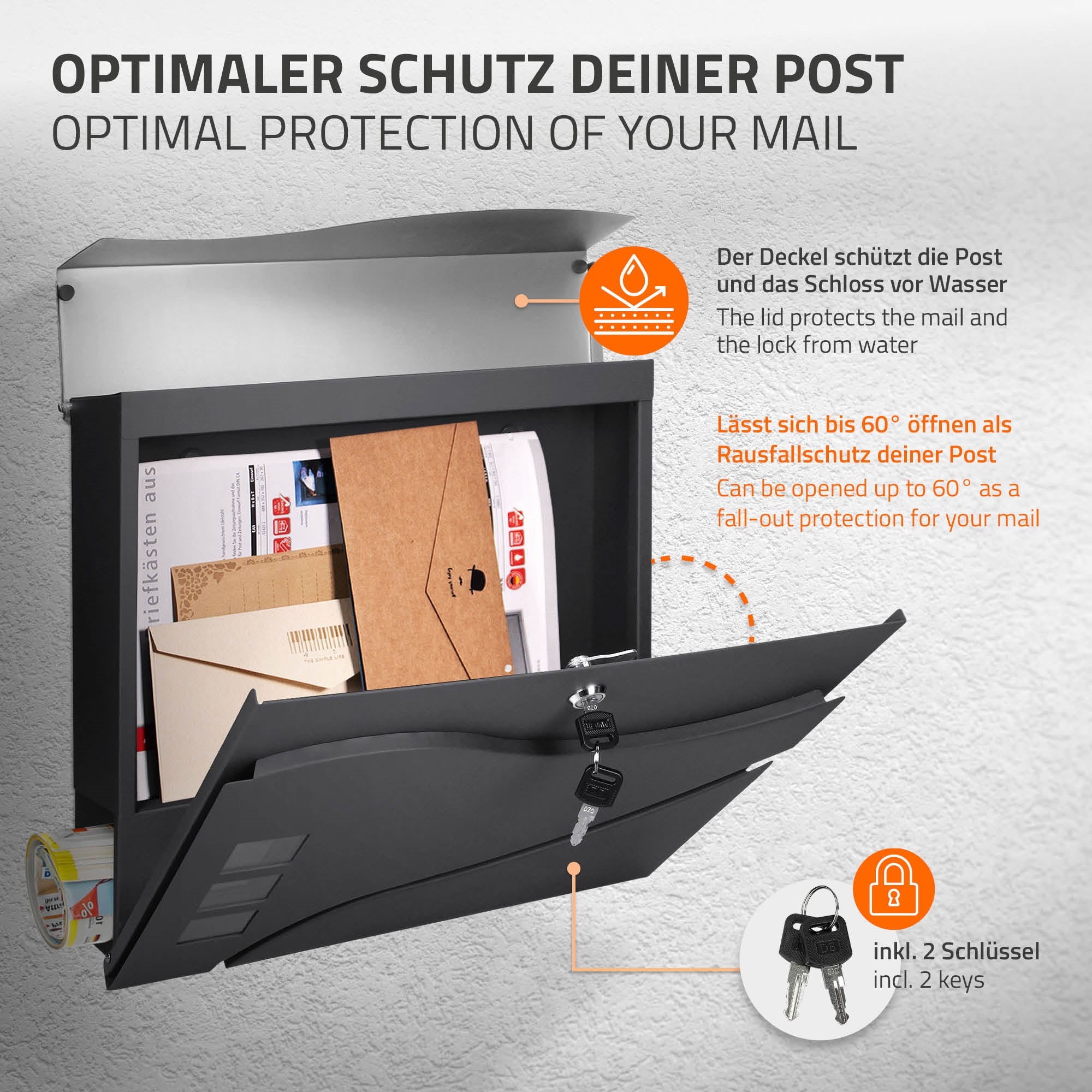 Briefkasten mit geöffnetem Deckel, Post und Schlüsseln sichtbar.