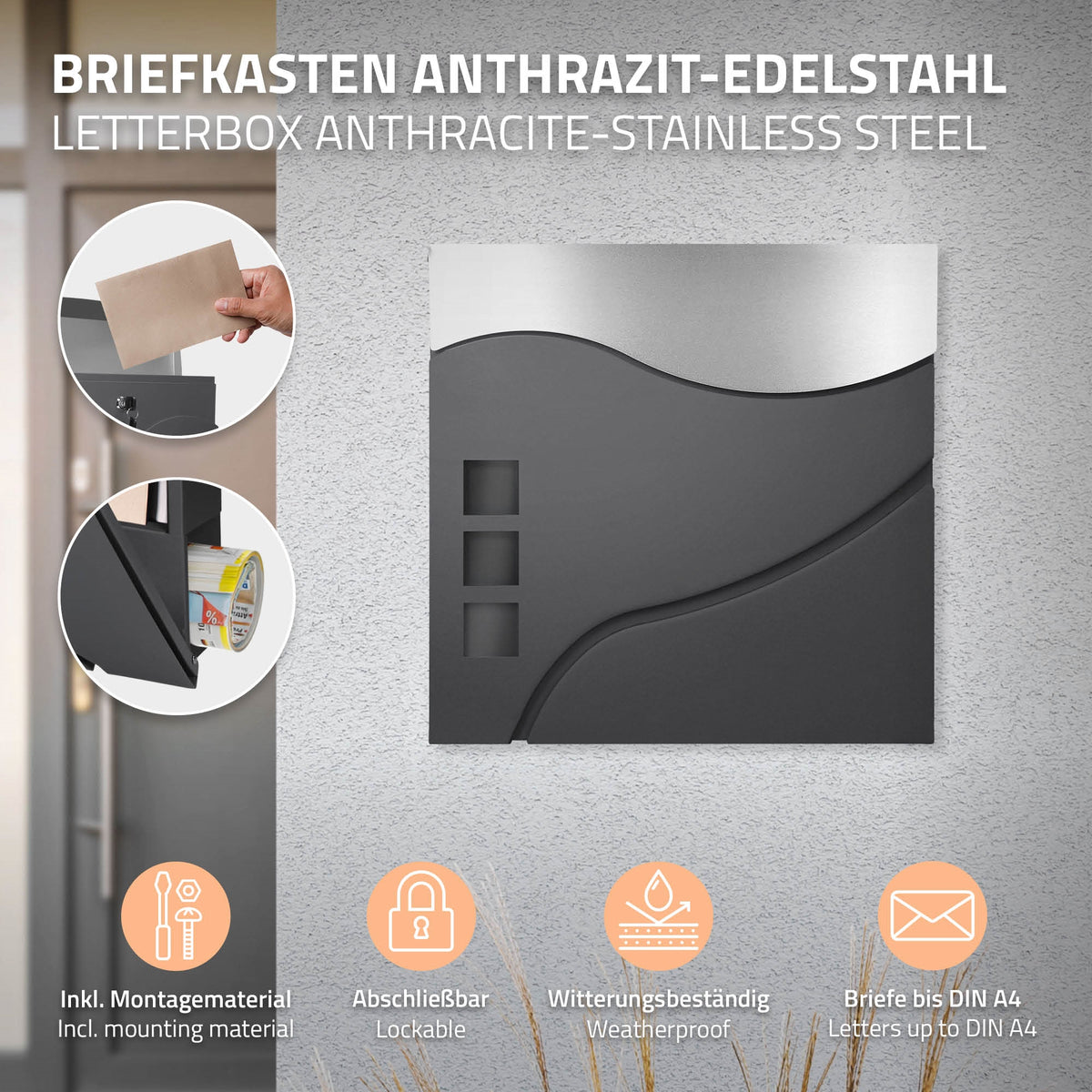 Boîte aux lettres en anthracite avec des éléments en acier inoxydable sur un mur.