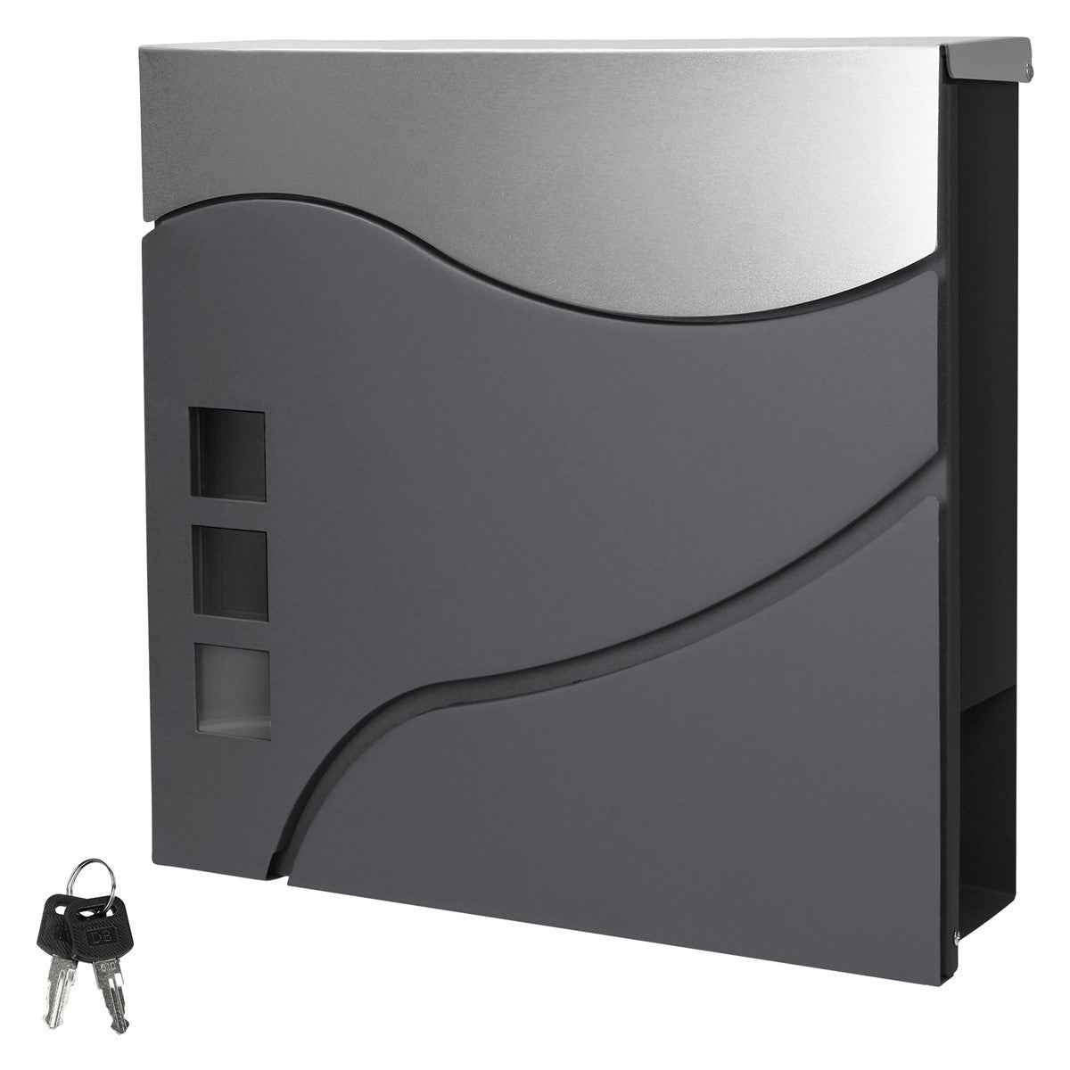 Gray mailbox with a curved front and two keys.