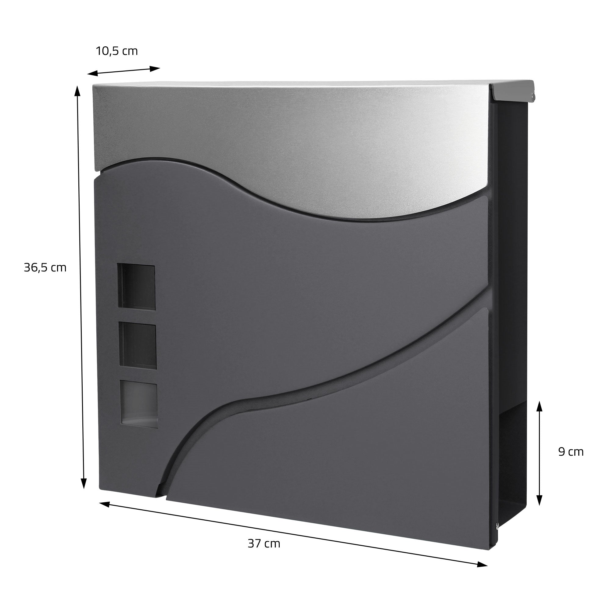 Maßzeichnung eines Briefkastens mit Abmessungen.