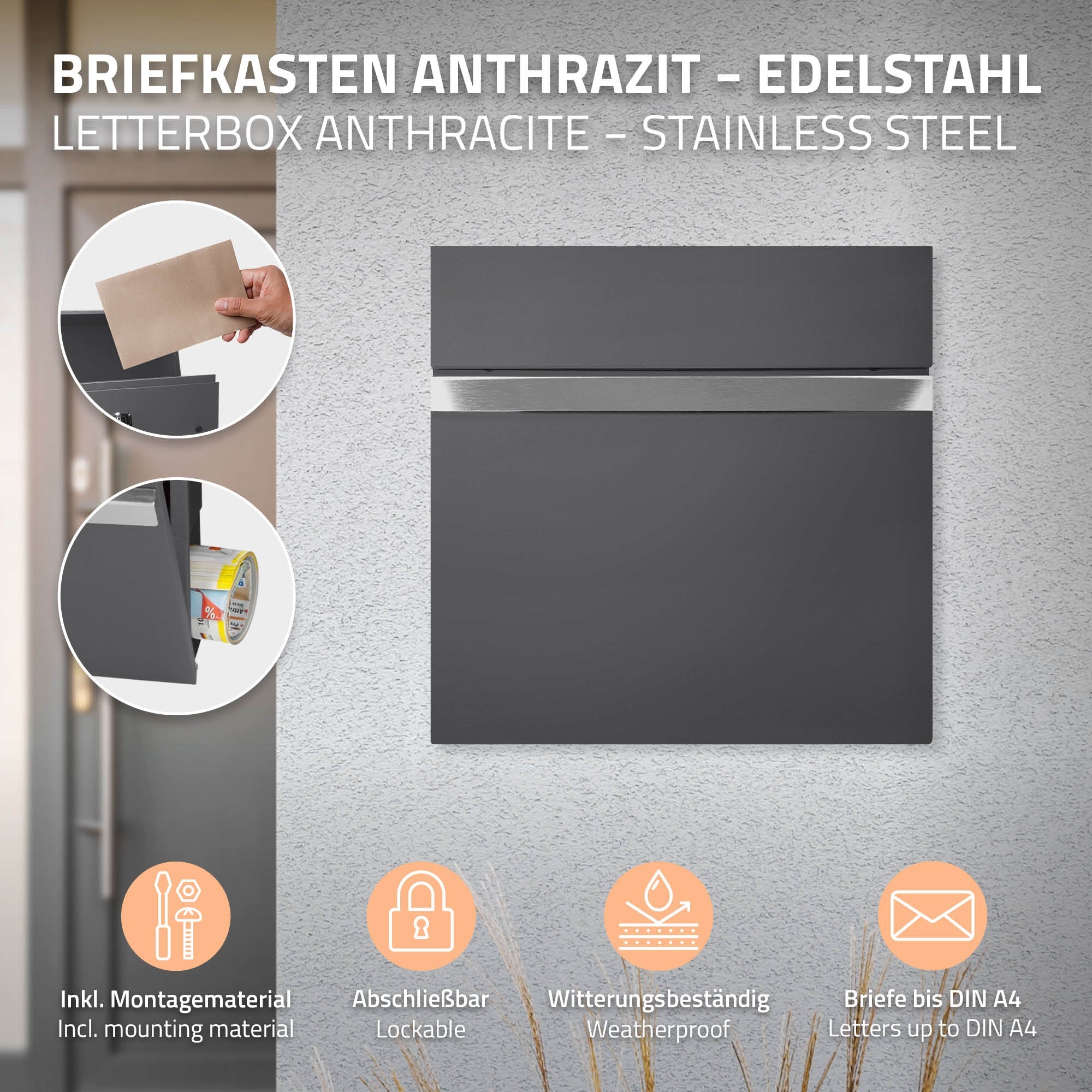 Anthrazitfarbener Briefkasten aus Edelstahl mit Montagehinweisen.