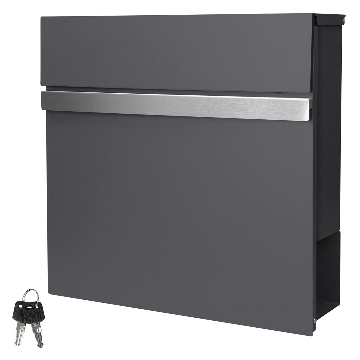 Gray mailbox with a key and stainless steel handle.