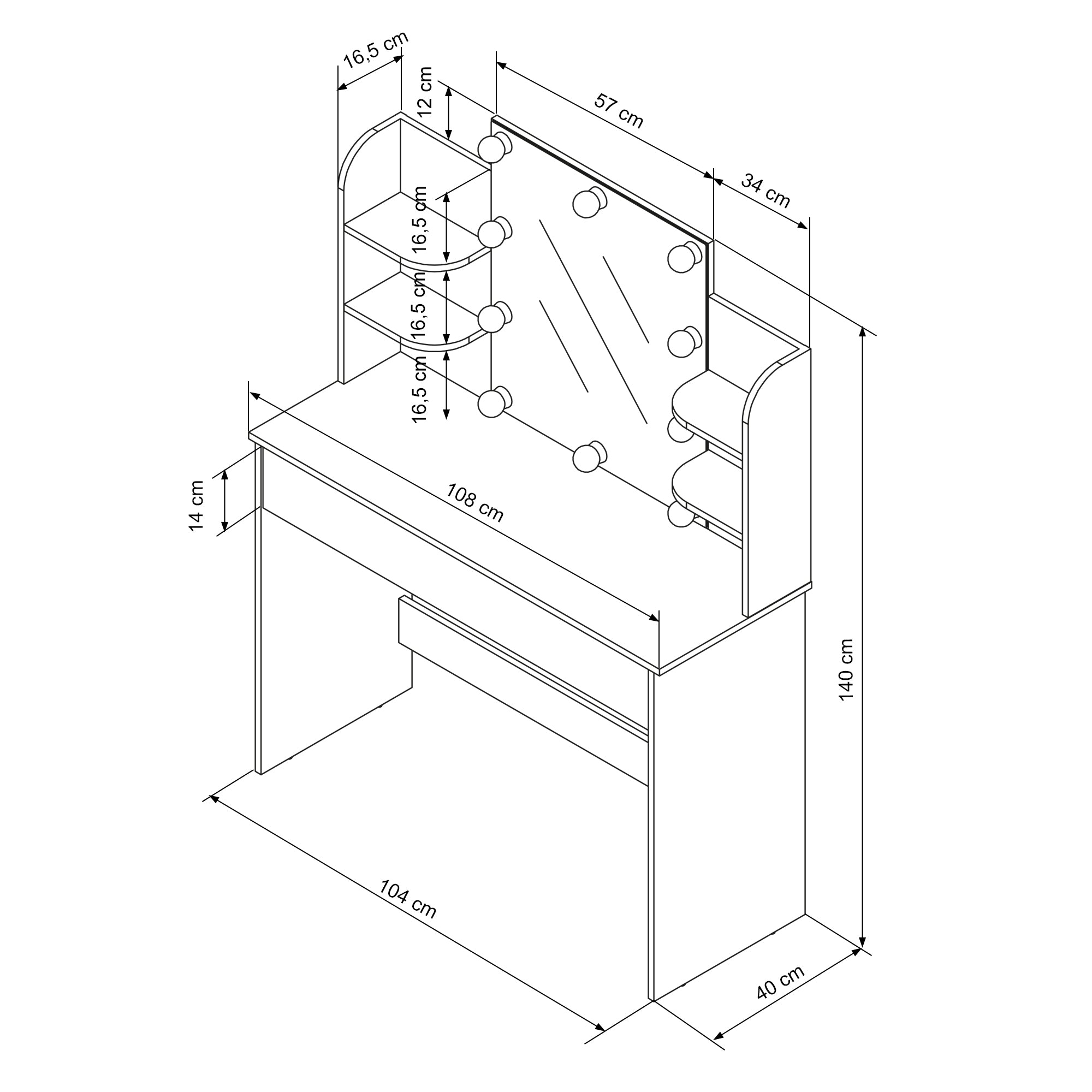 Technical drawing of a desk with mirror and lighting.