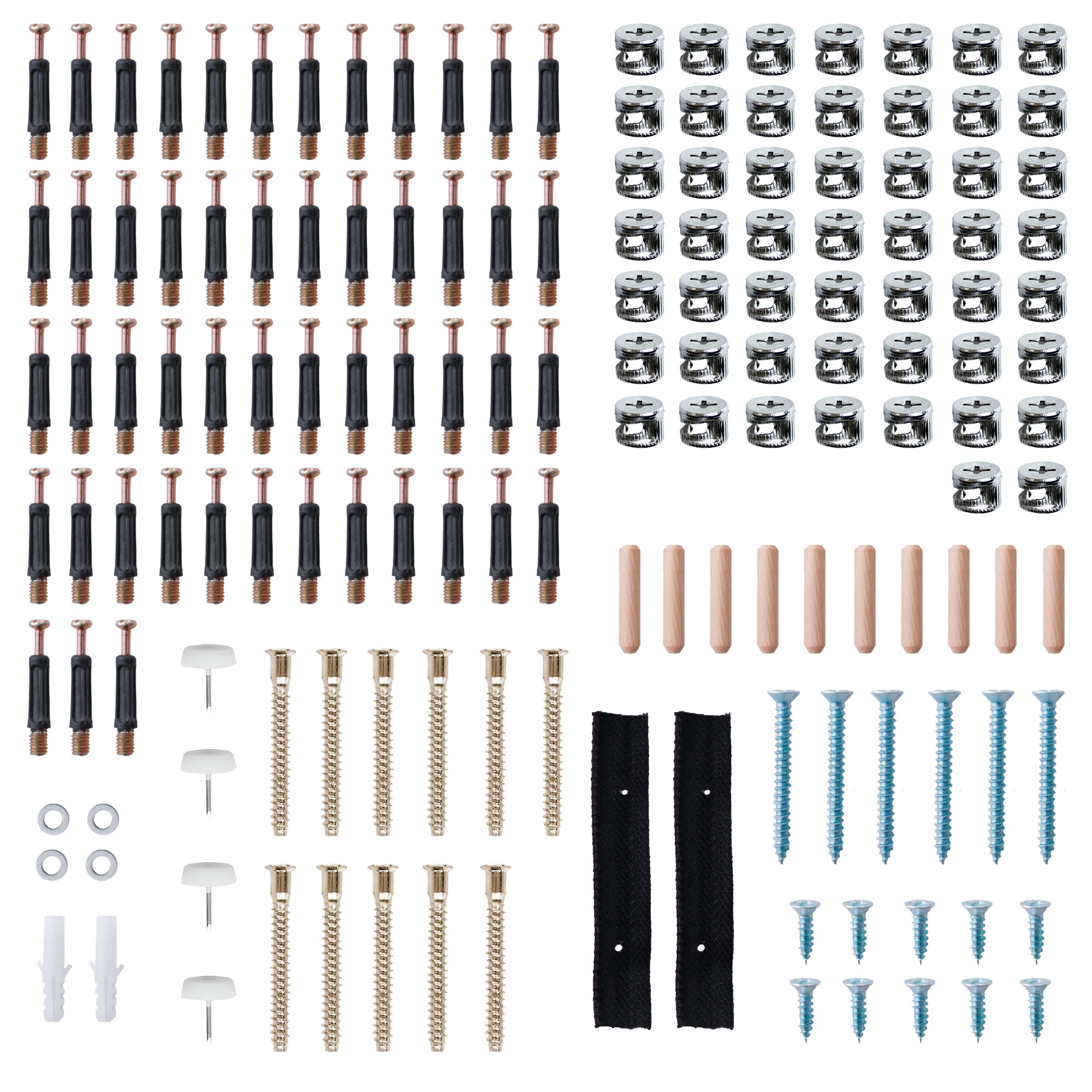 Various mounting elements and screws on a white background.