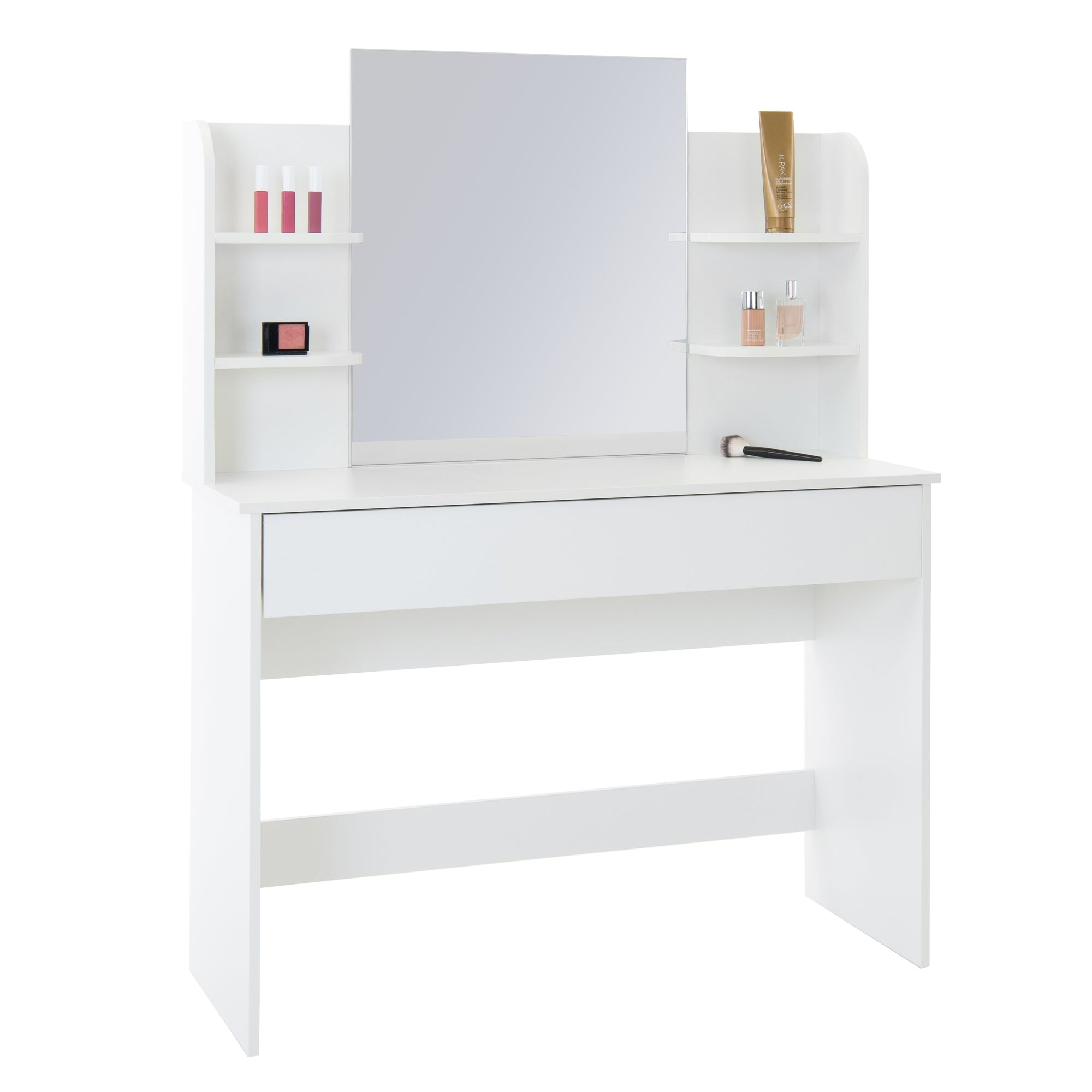 White vanity table with mirror and cosmetic products, frontal.