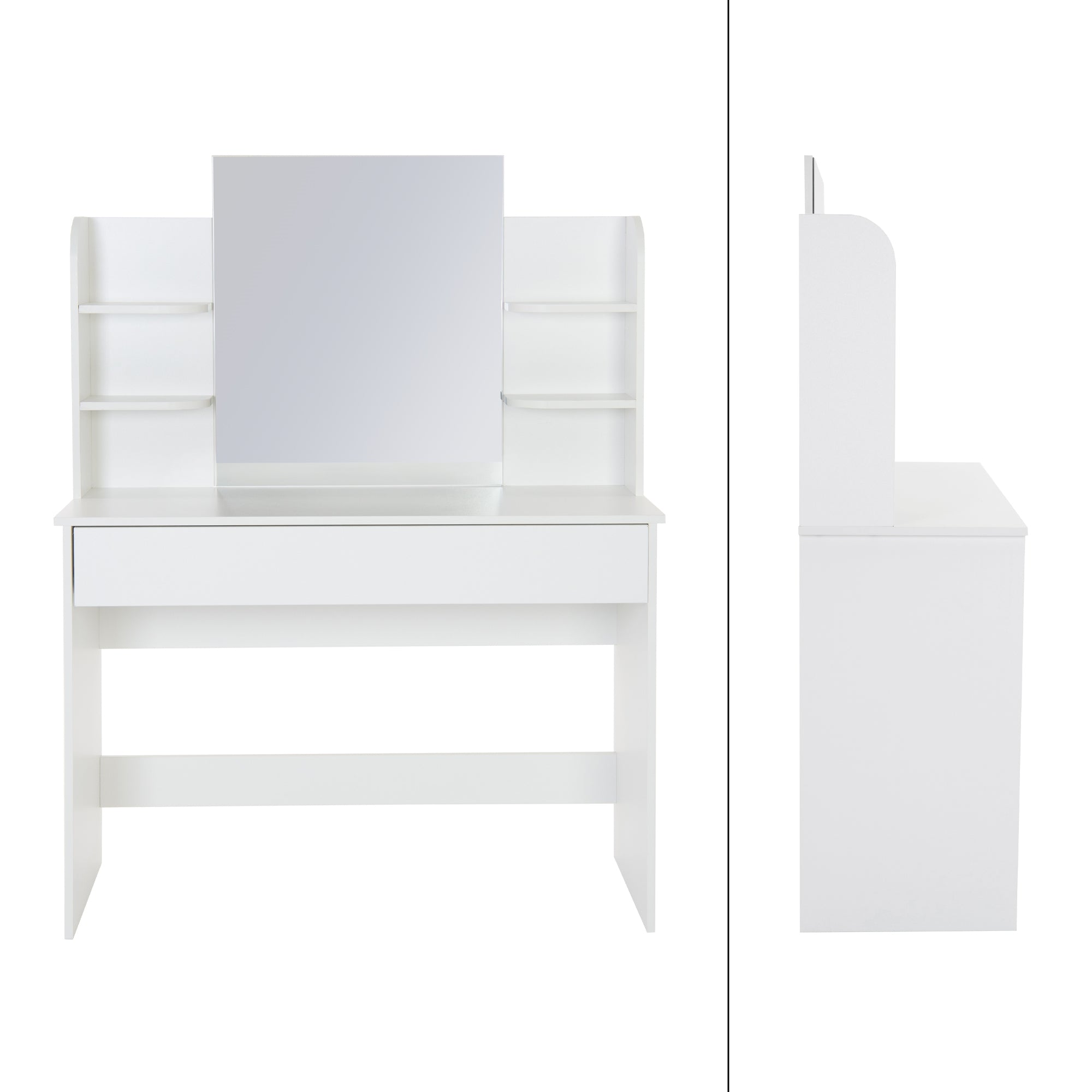White vanity table with mirror, shelves, and drawer.