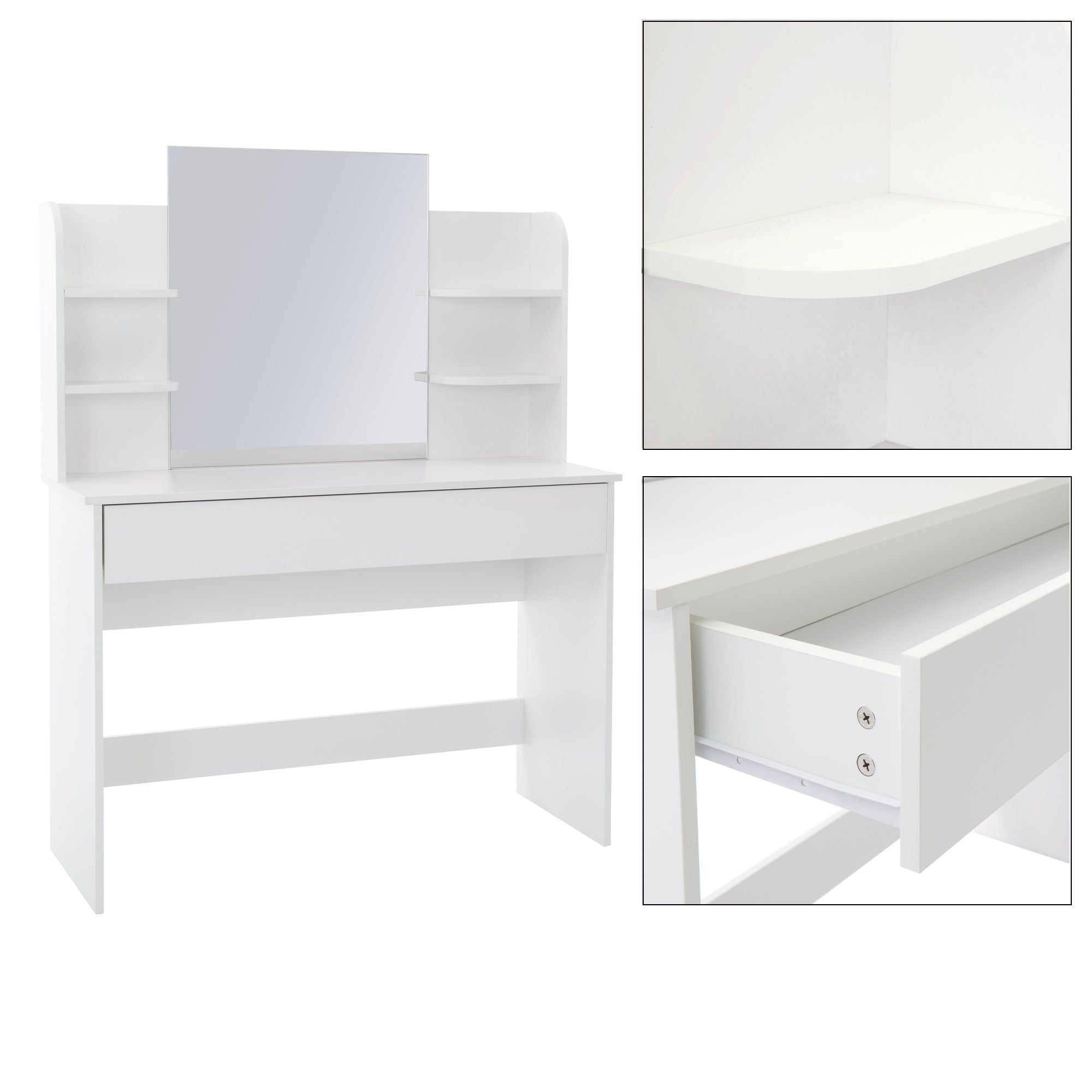 White vanity table with mirror and shelves, drawer opened.