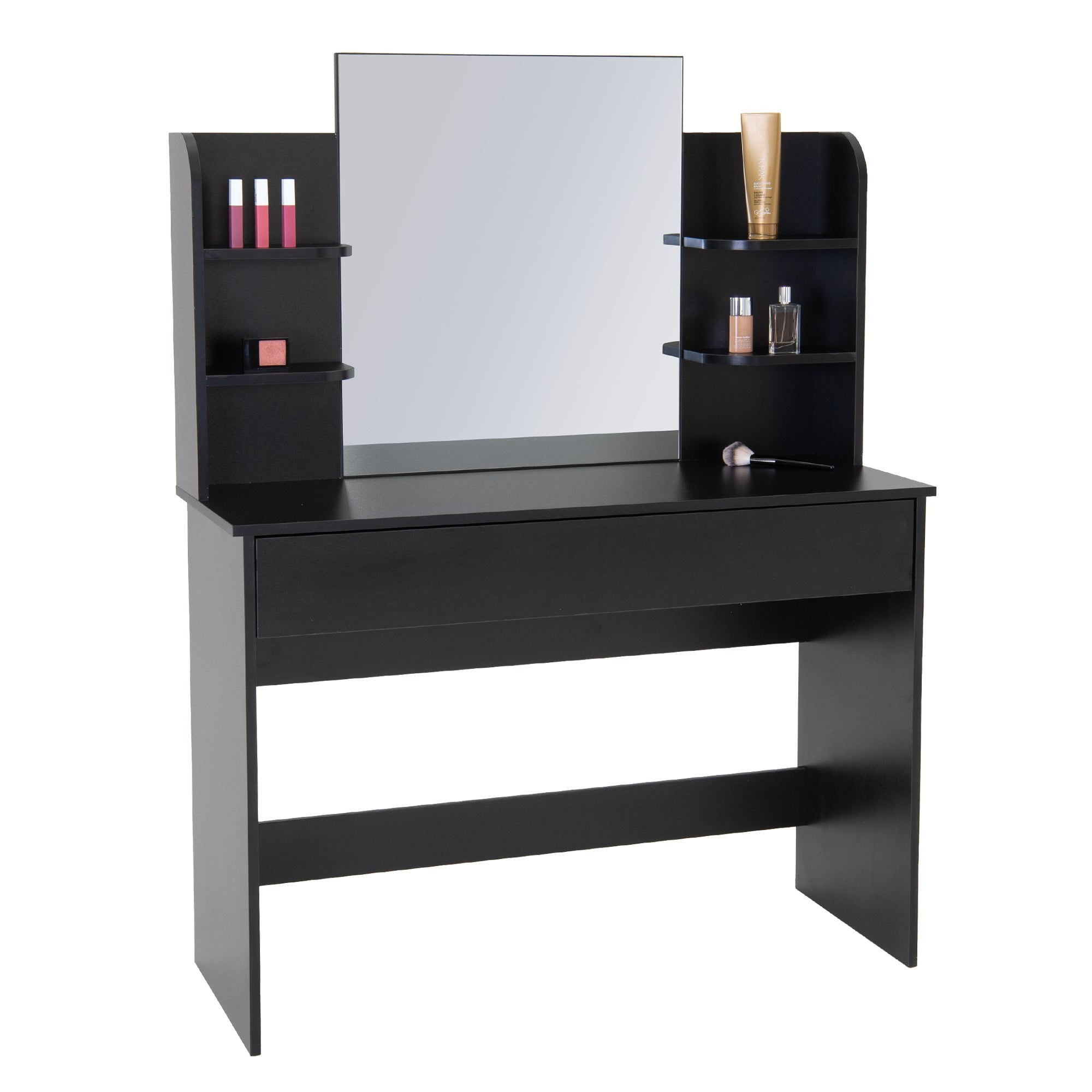 Black makeup table with mirror and shelves for cosmetic products.