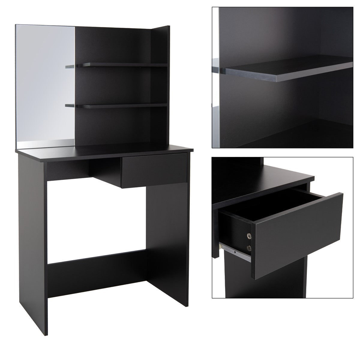 Black dressing table with a mirror, shelves, and a drawer.