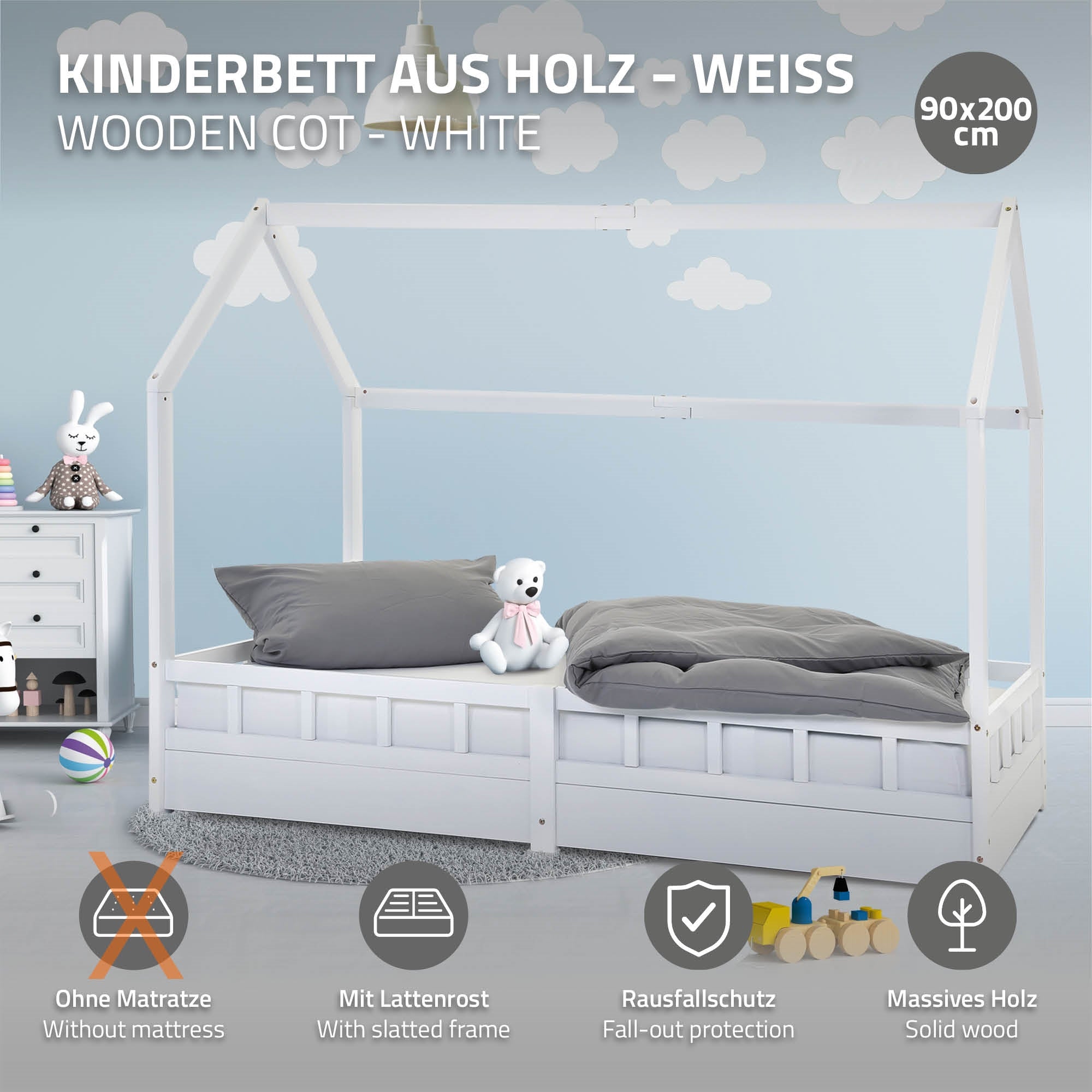 Weißes Kinderbett aus Holz mit einem Hausdach-Design.