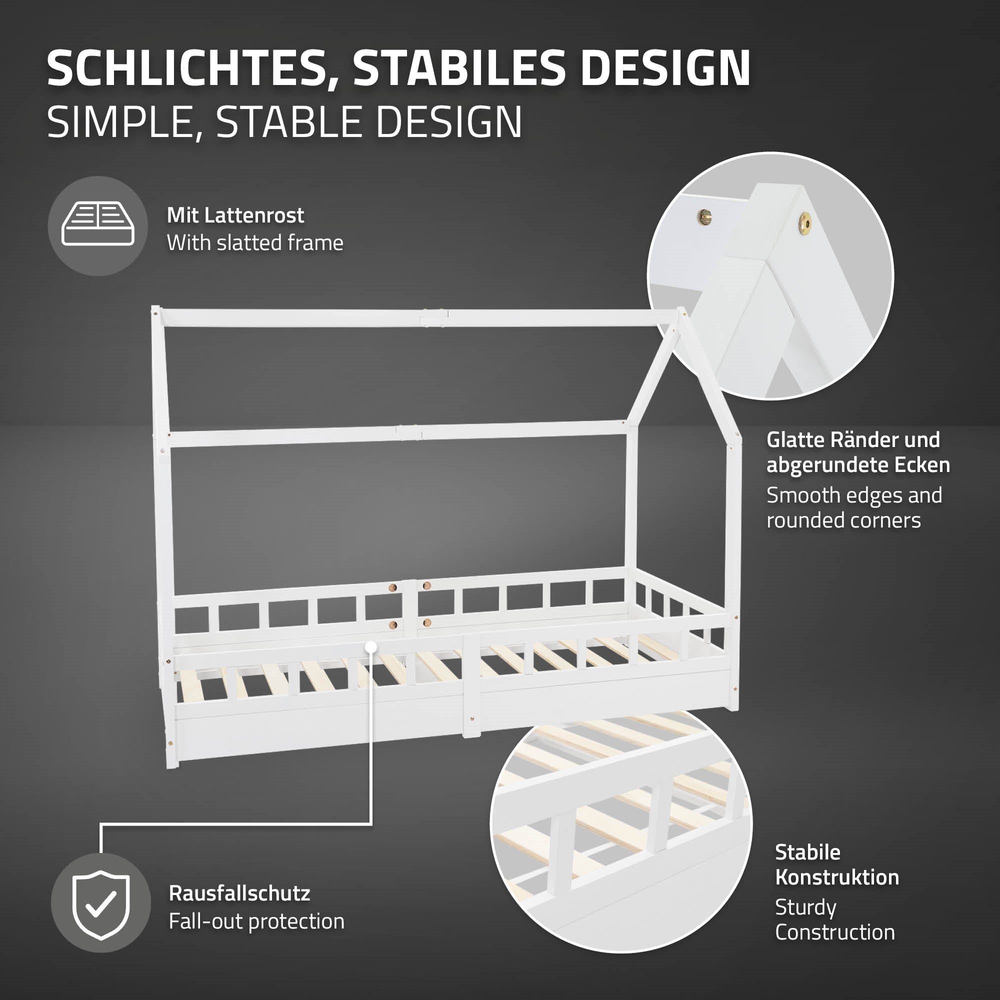 Weißes Bett mit stabiler Konstruktion und Rausfallschutz.