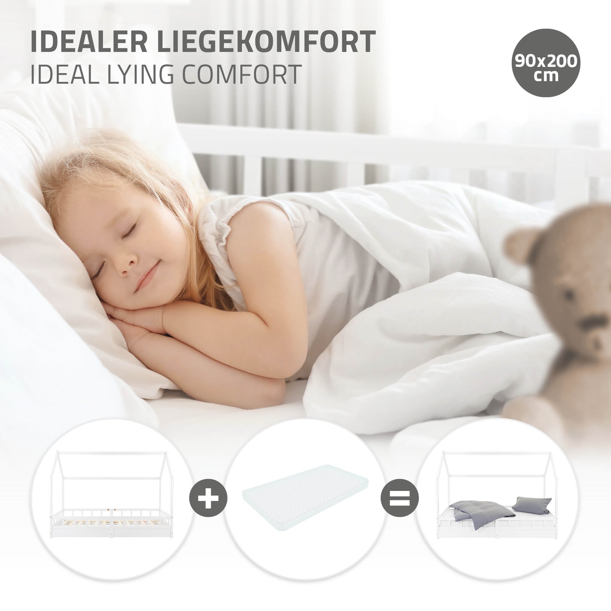 Ein schlafendes Kind auf einem Bett mit weißer Bettwäsche und einem Stofftier.
