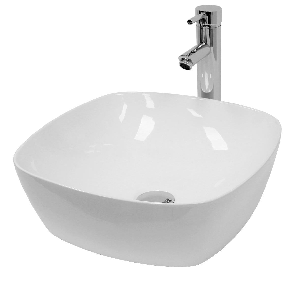 Évier blanc avec robinet brillant sur un fond blanc.