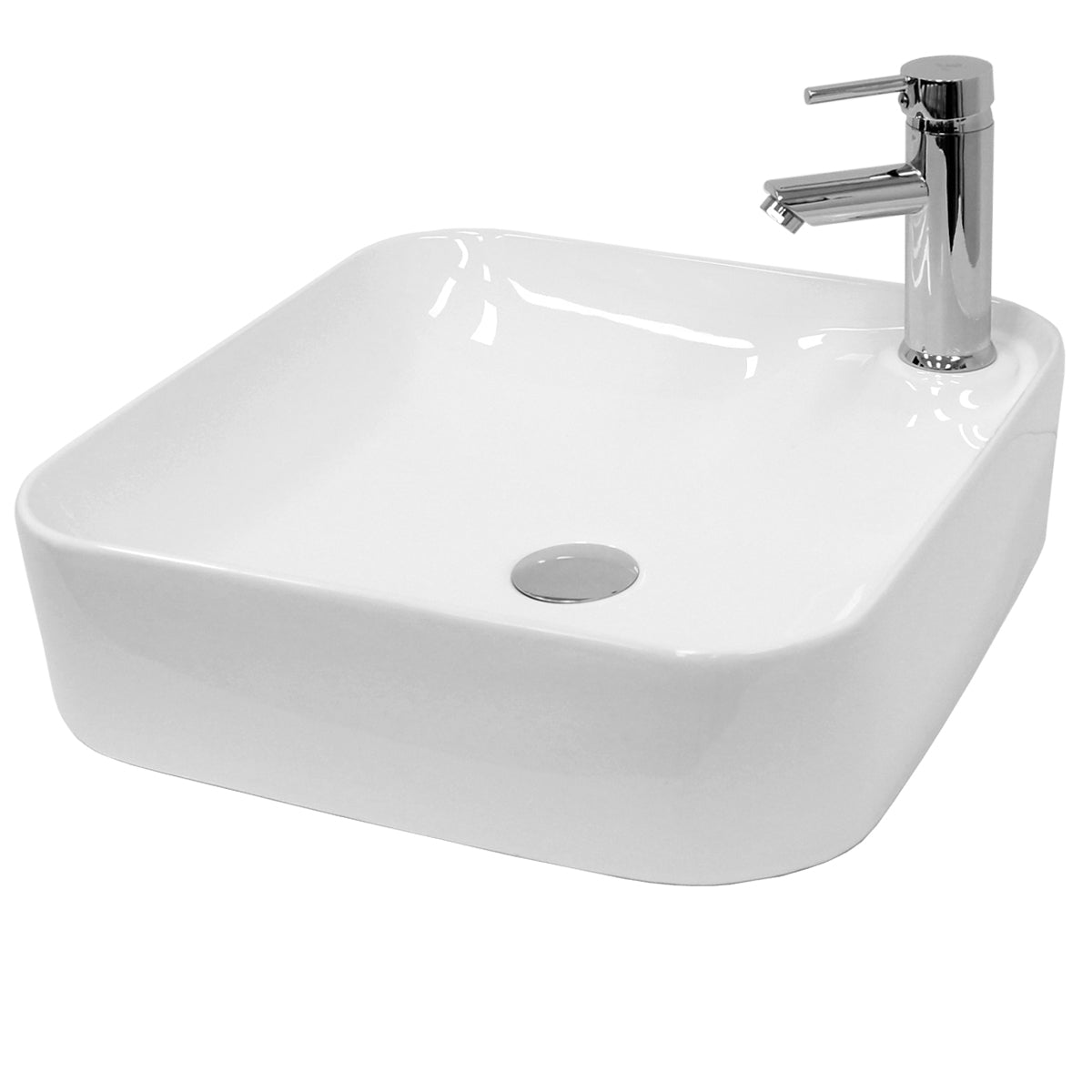 Quadratisches, weißes Waschbecken mit Wasserhahn und Abflussloch.