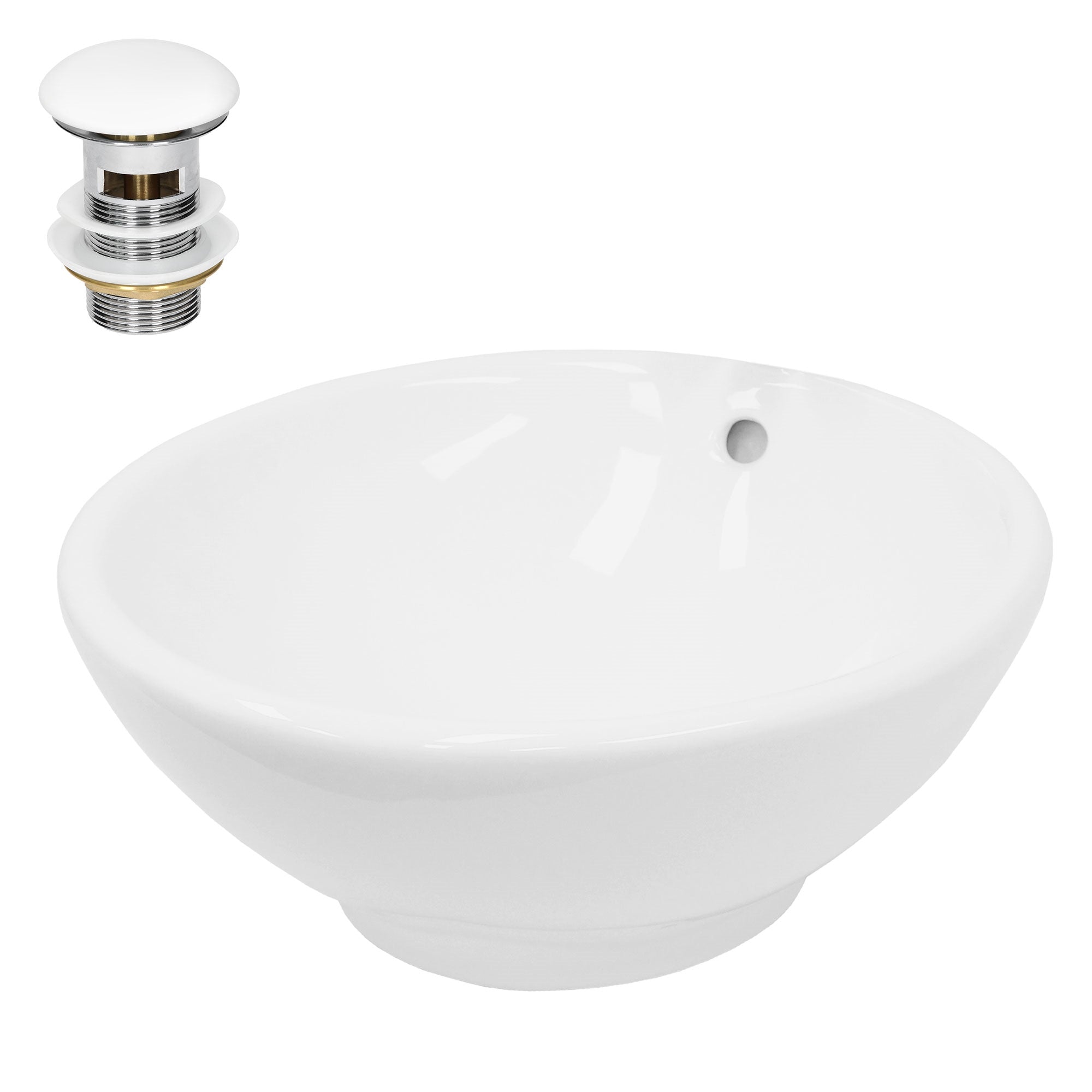 Rundes, weißes Waschbecken mit einem Loch und Abfluss.