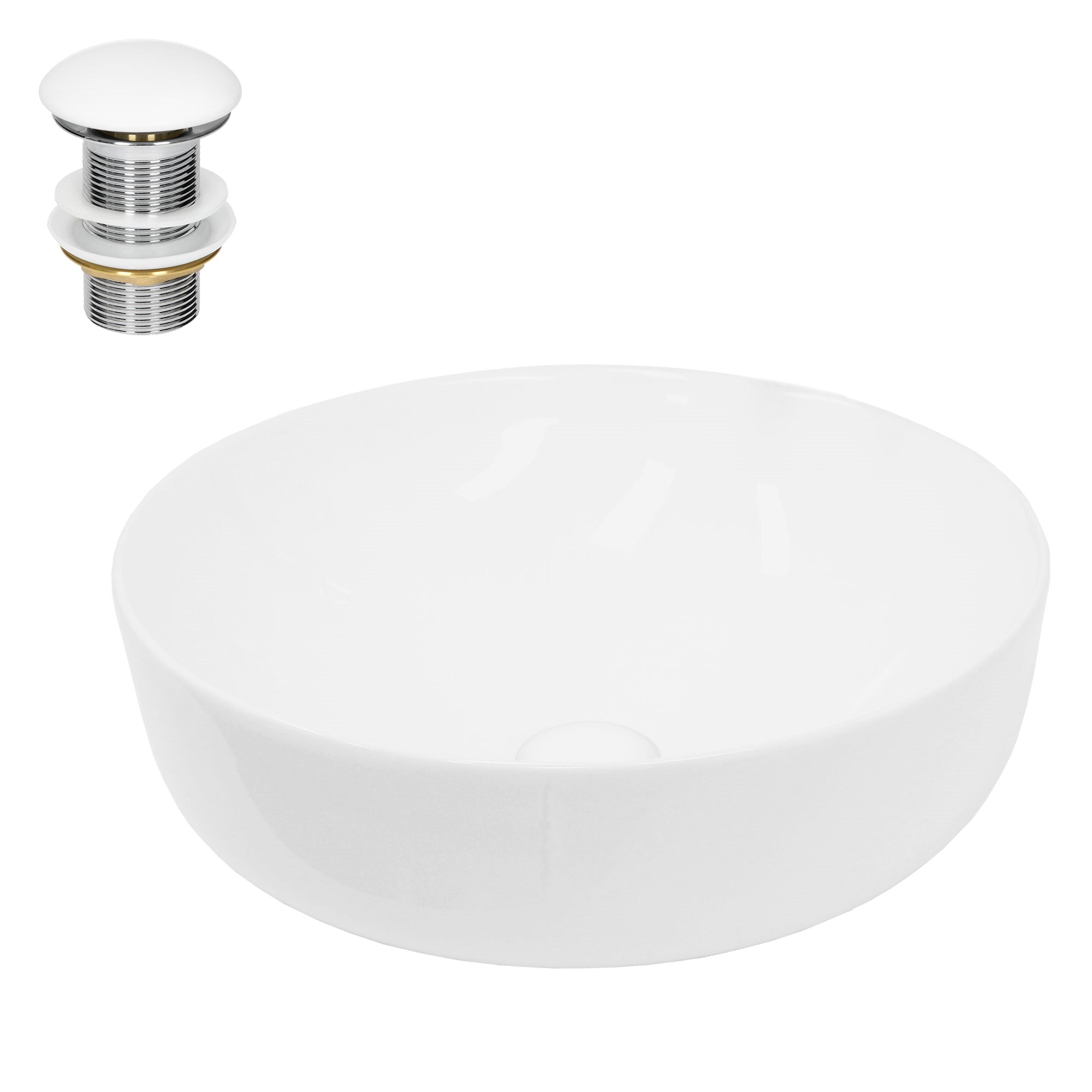 Lavabo rond blanc avec un robinet de vidange à proximité.