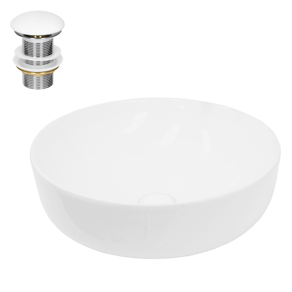 Ronde, witte wastafel met een afvoerventiel in de buurt.