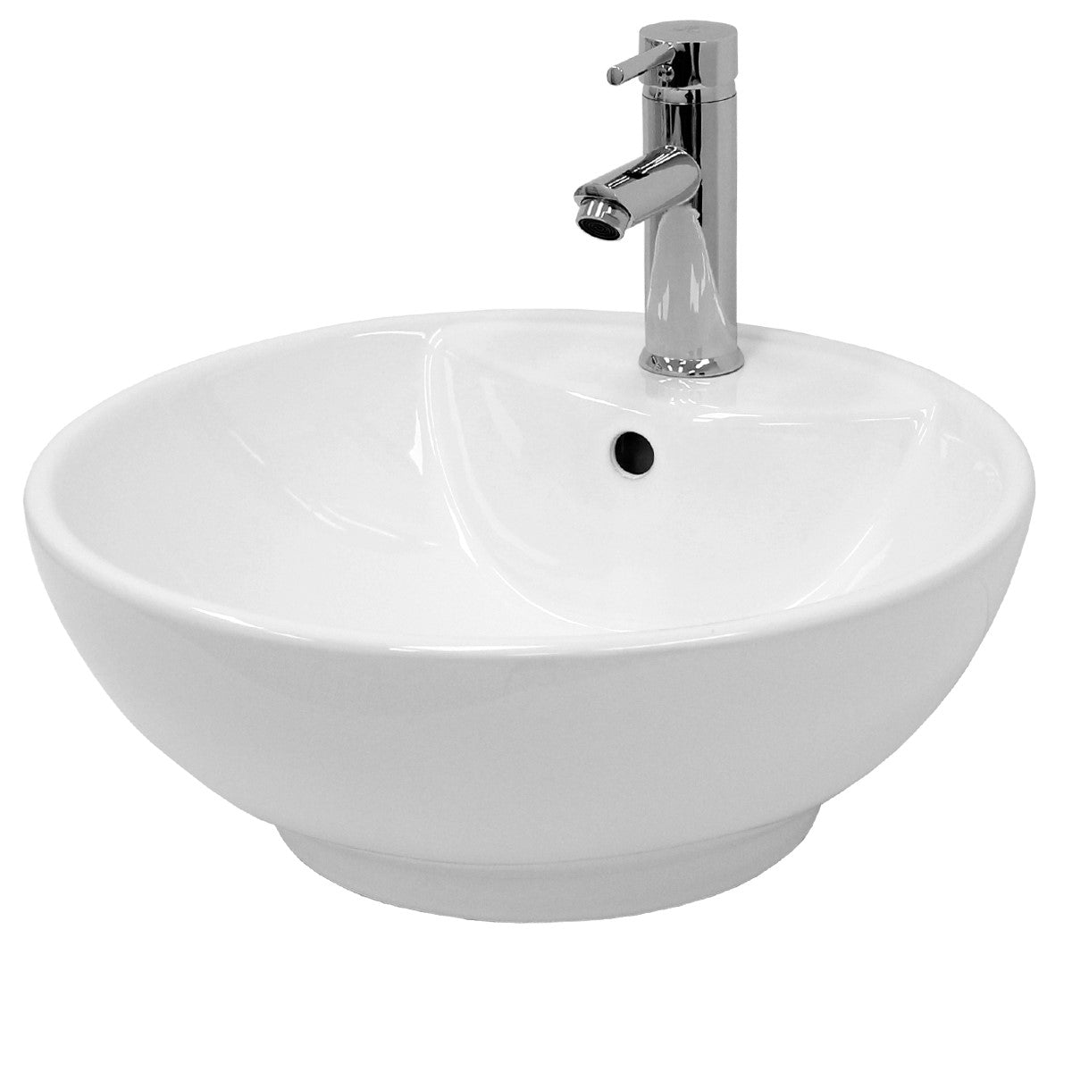 Runder, weißer Waschbecken mit einem modernen Wasserhahn.