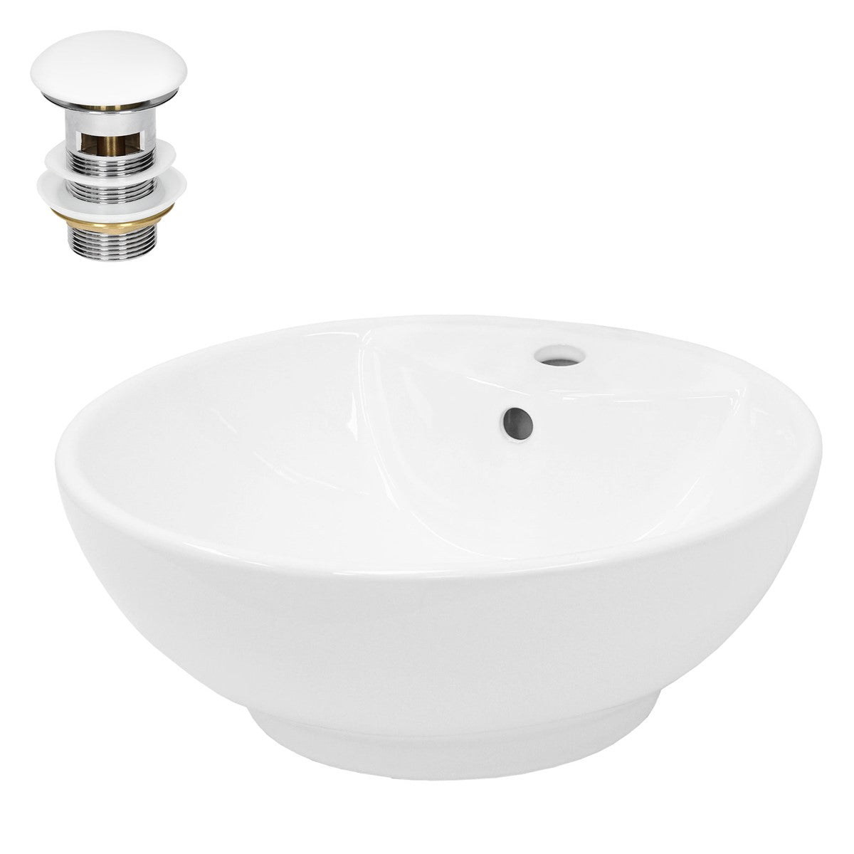 Ronde, witte wastafel met twee gaten en een afvoerklep.