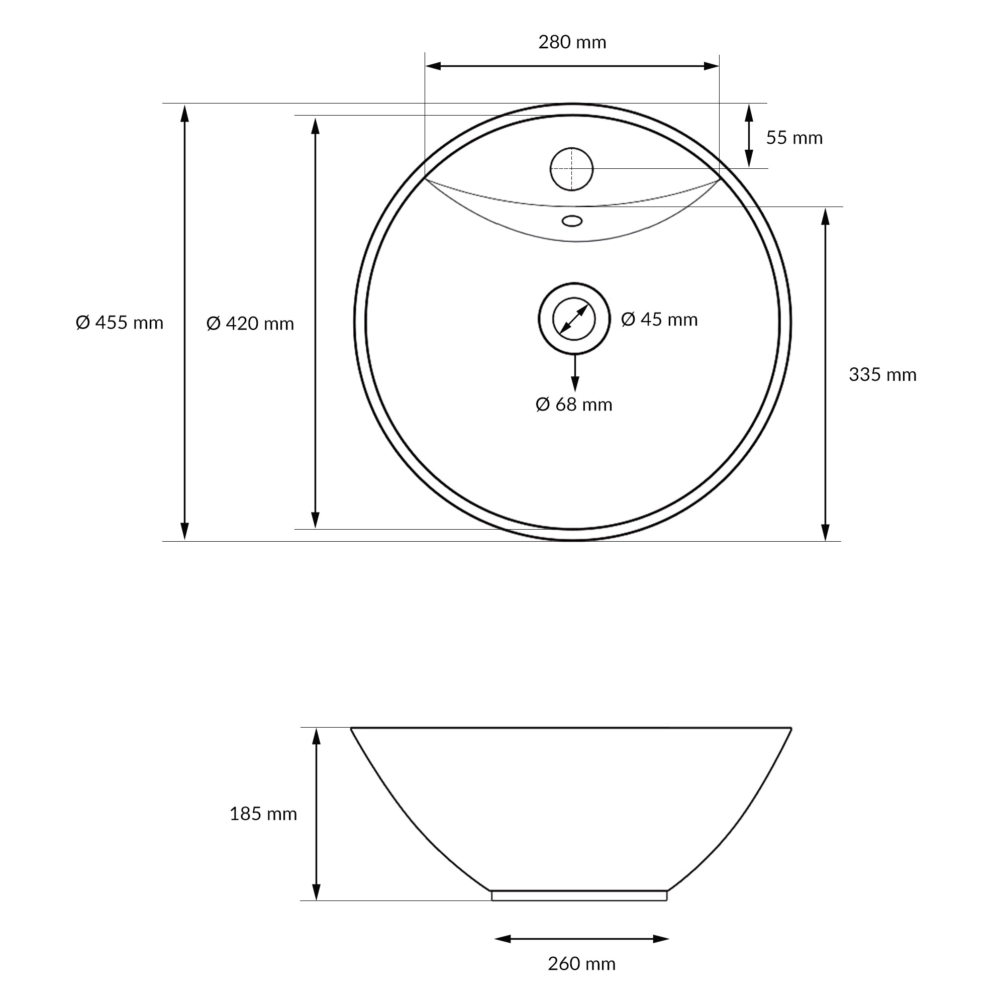 Technical drawing of a round sink with measurements.