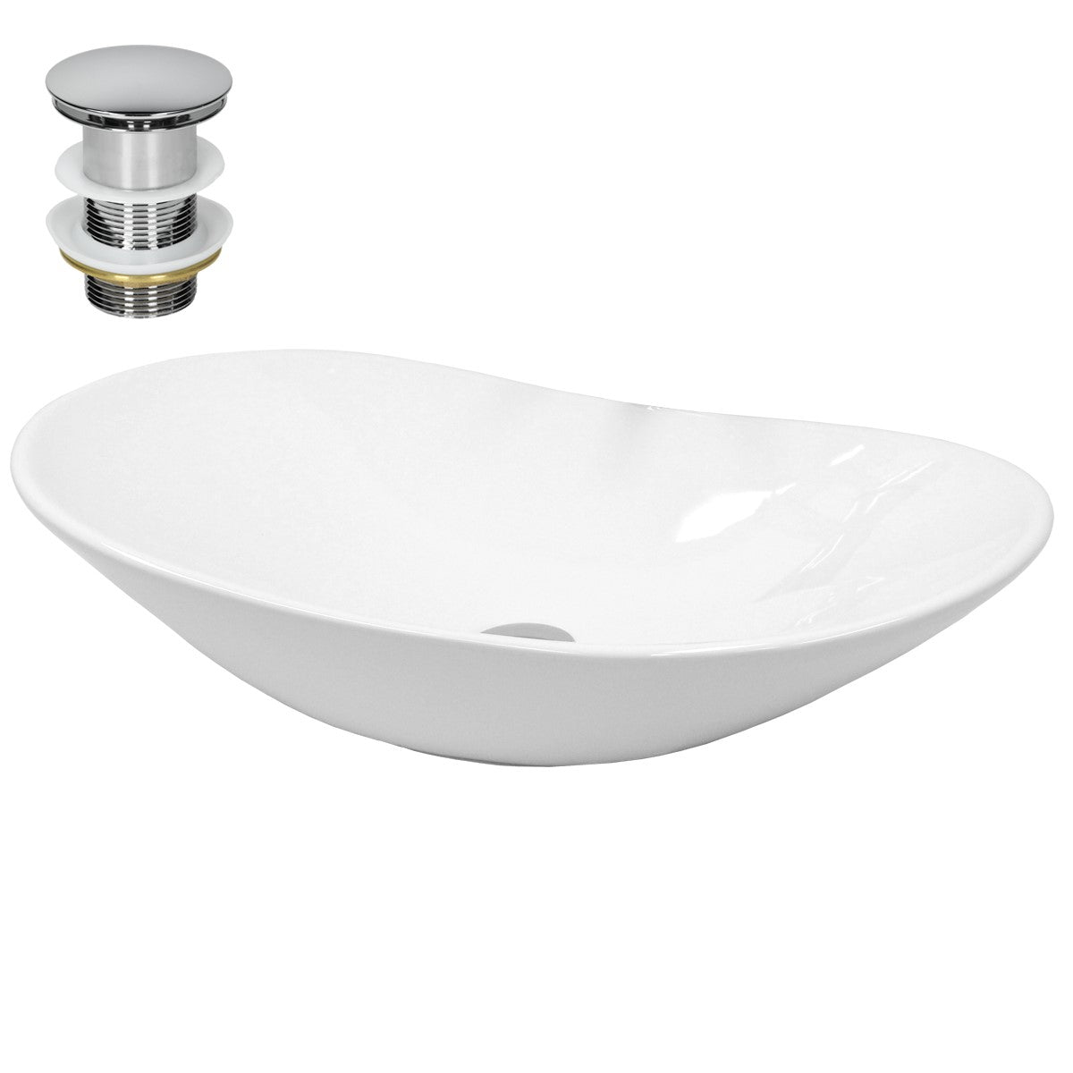 Asymmetrisches, weißes Waschbecken mit Abflussventil.