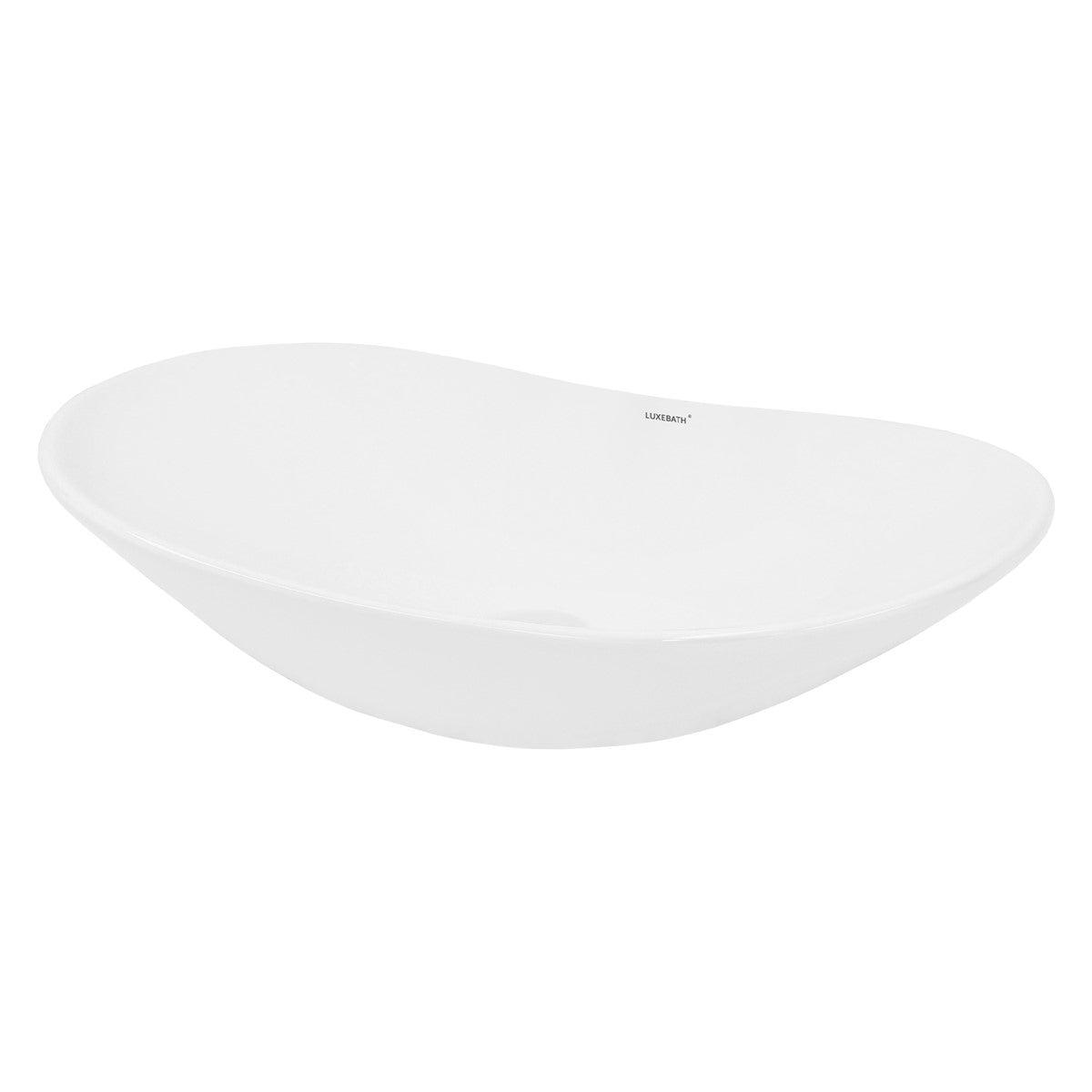 Schalenförmiges, weißes Waschbecken mit organischer Form.