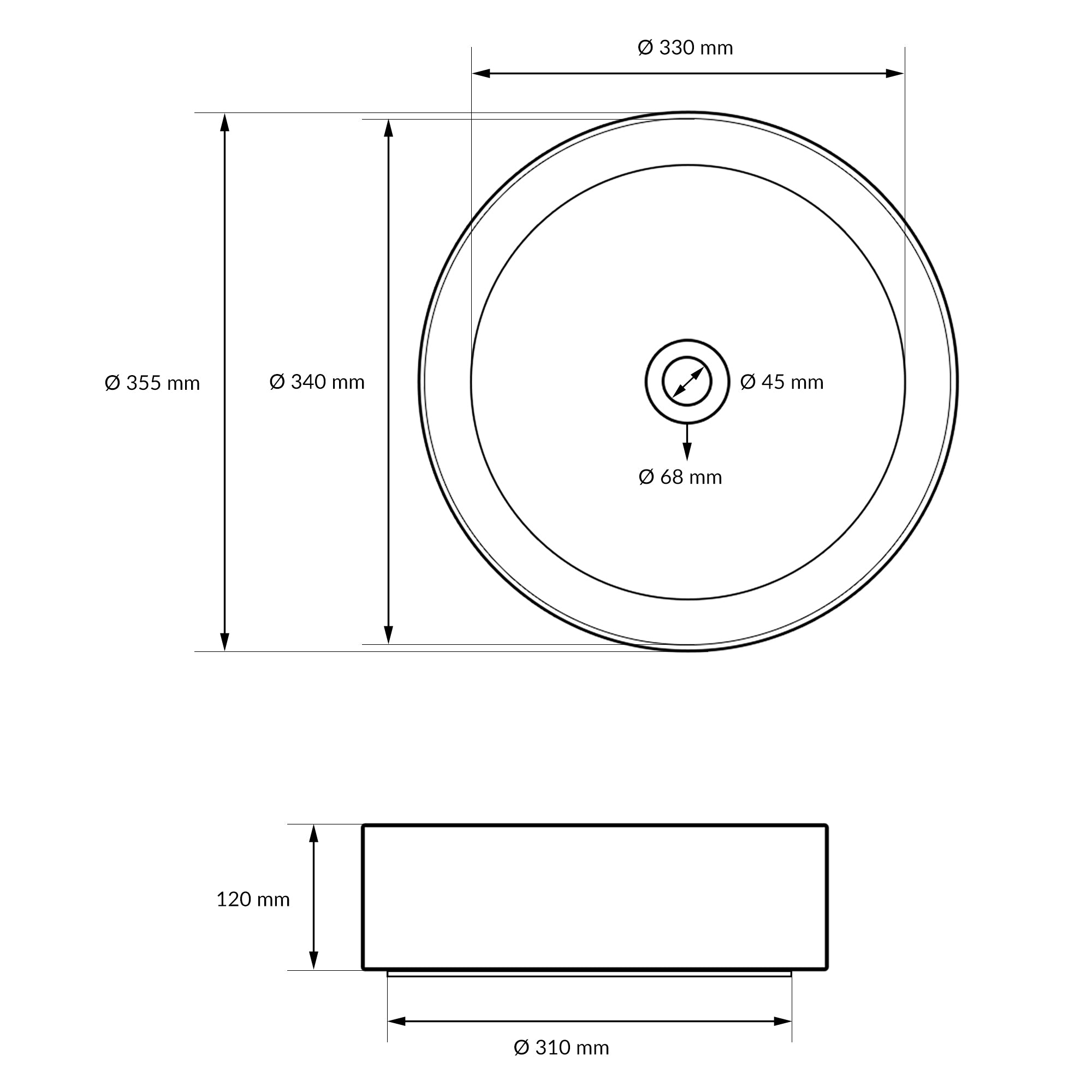 Technical drawing with diameters and dimensions of a round object.