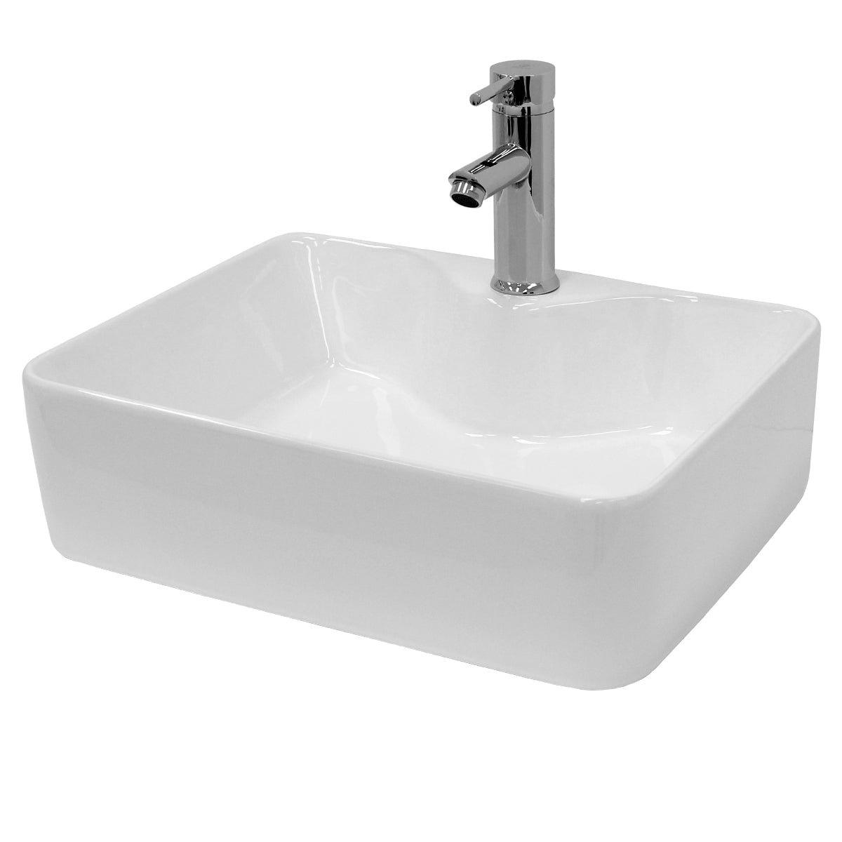 Hvid, rektangulær vaskeskål med vandhane.