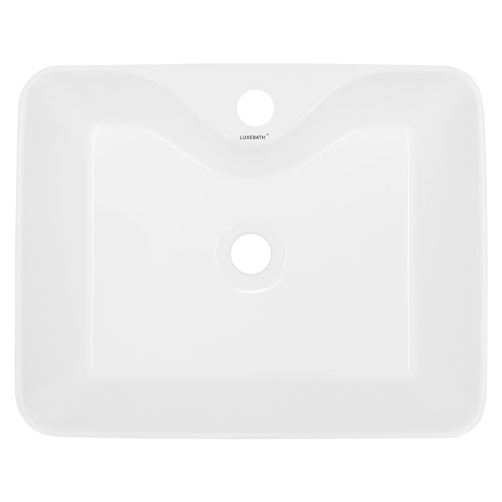 Bovenaanzicht van een rechthoekige, witte wastafel.