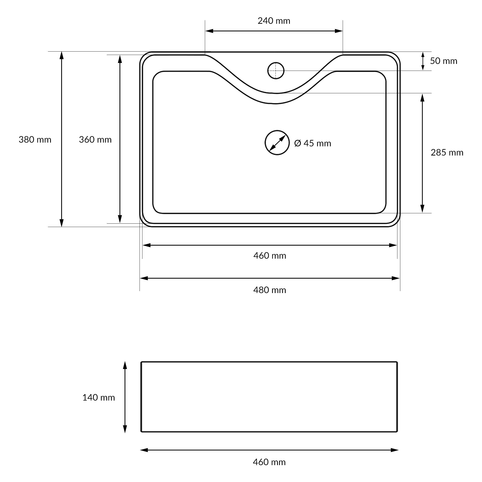 Dibujo técnico de un lavabo con medidas.