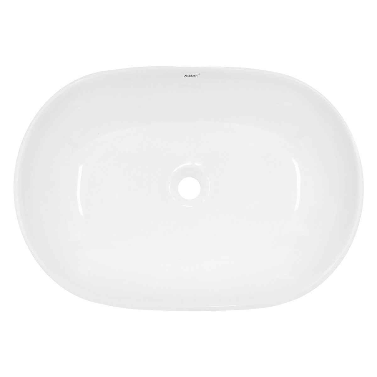 Obenansicht einer weißen, ovalen Badewanne mit Abflussloch.