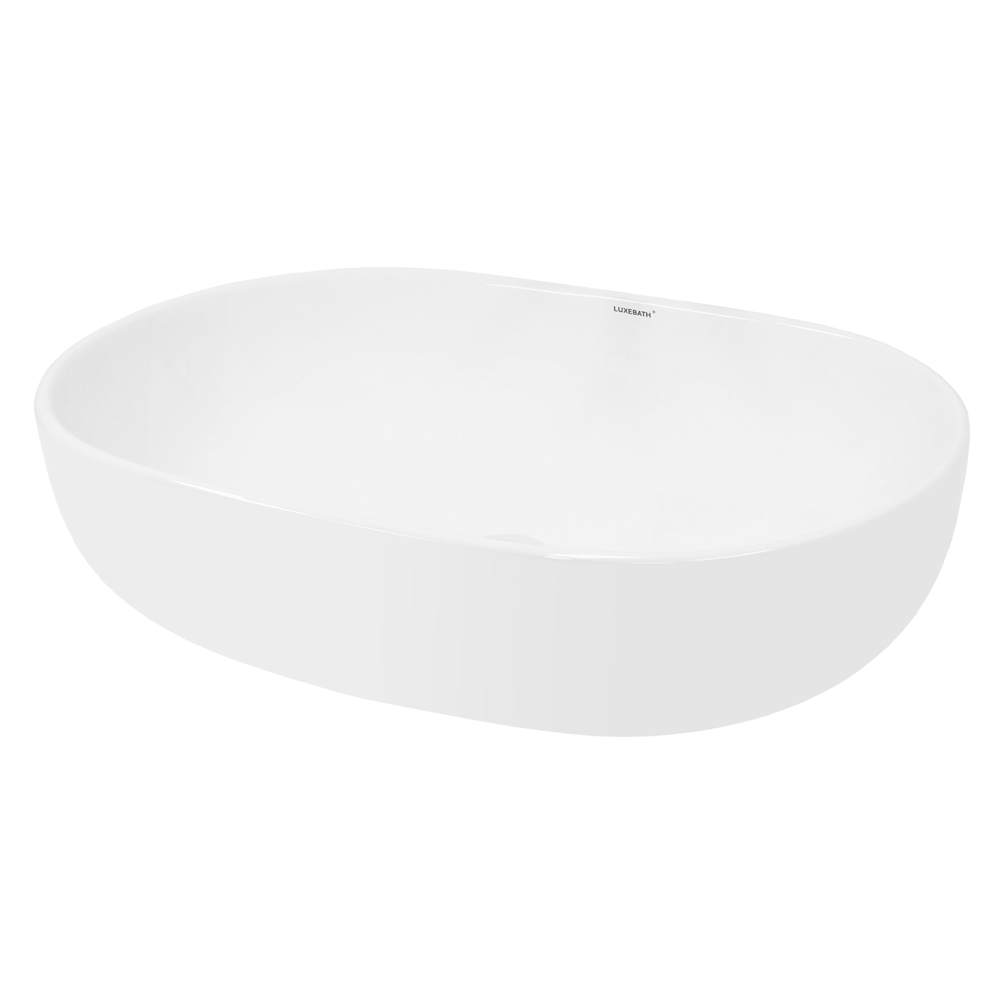 Hvid, oval badekar på hvid baggrund.