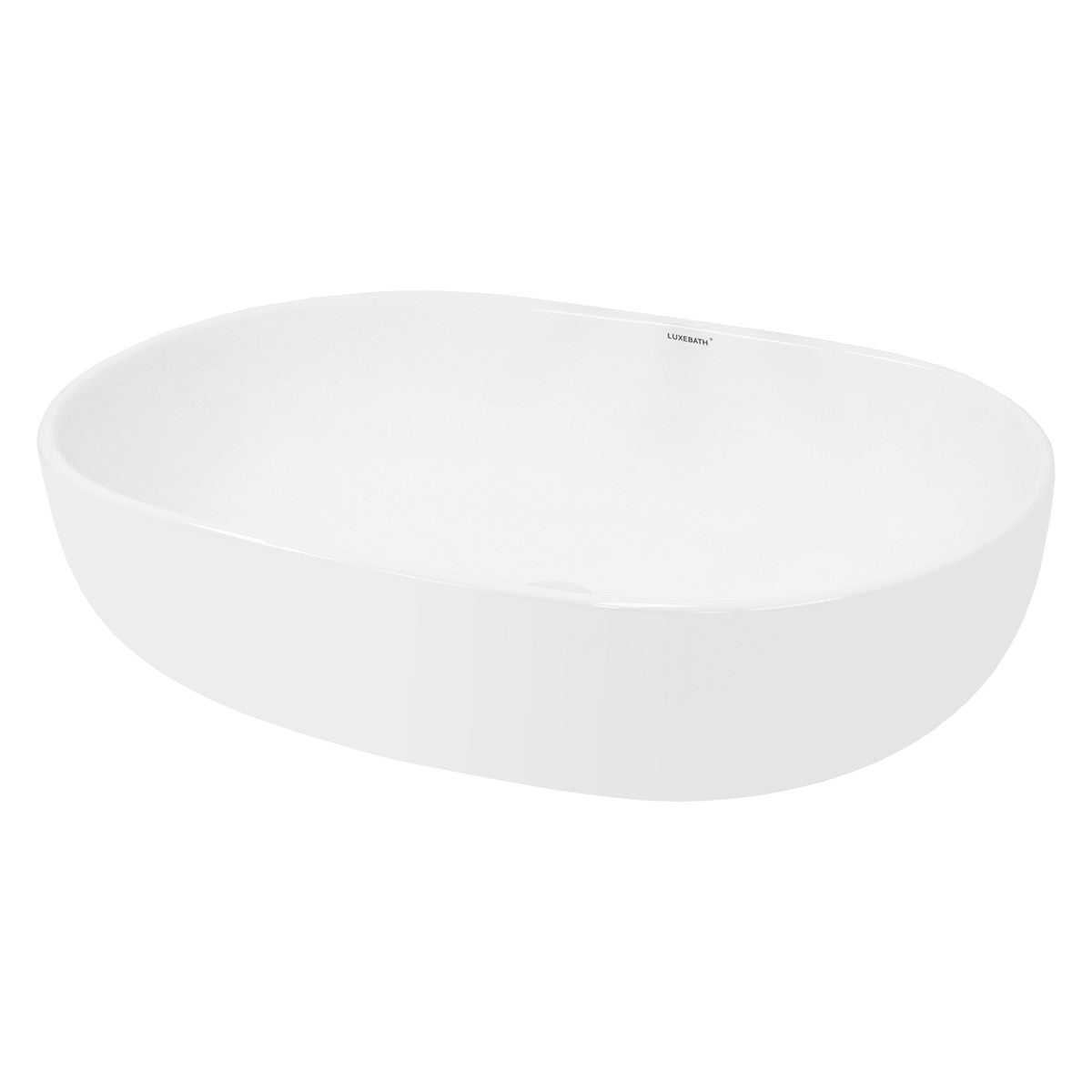 Weiße, ovale Badewanne auf einem weißen Hintergrund.