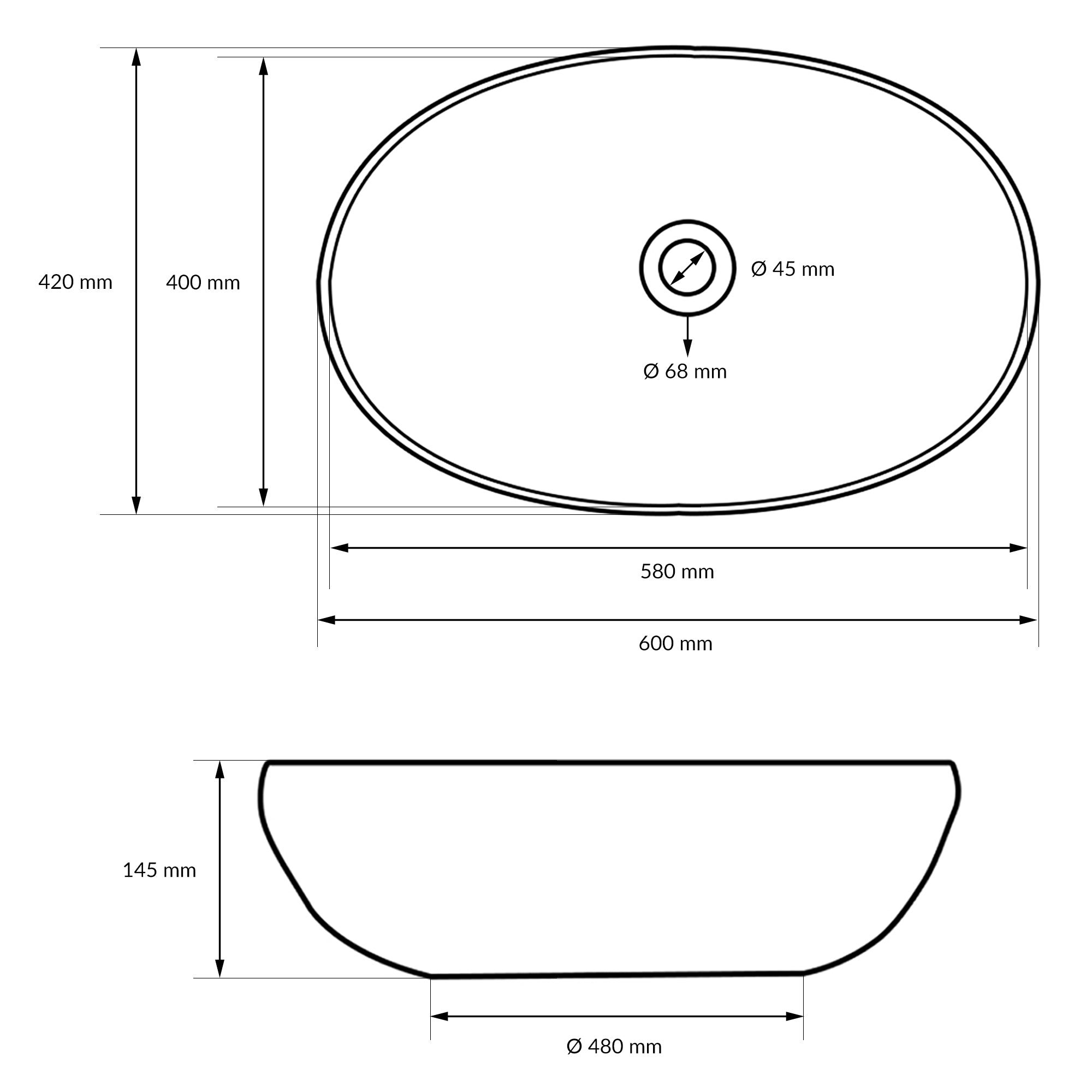 Dessin technique d'un lavabo ovale avec dimensions.