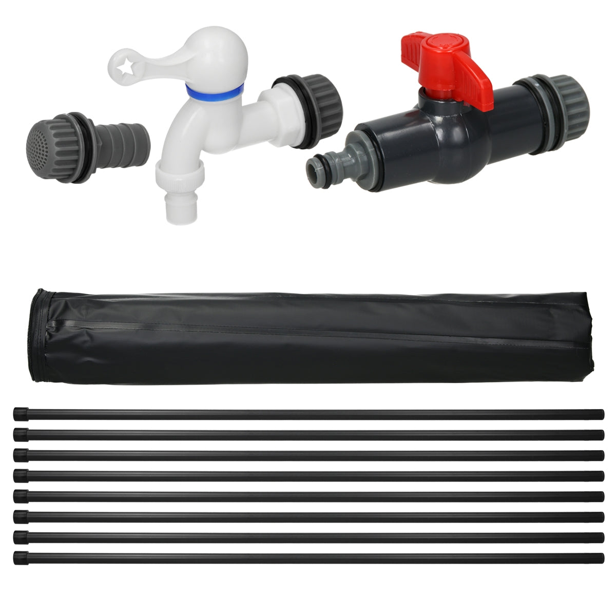Wasserhahn mit Anschlüssen, schwarze Tasche und mehrere schwarze Stangen.