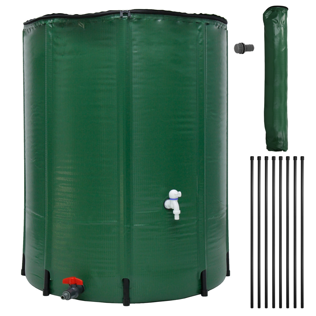 Runder grüner Wassertank mit Ventilen und mehreren schwarzen Stangen.