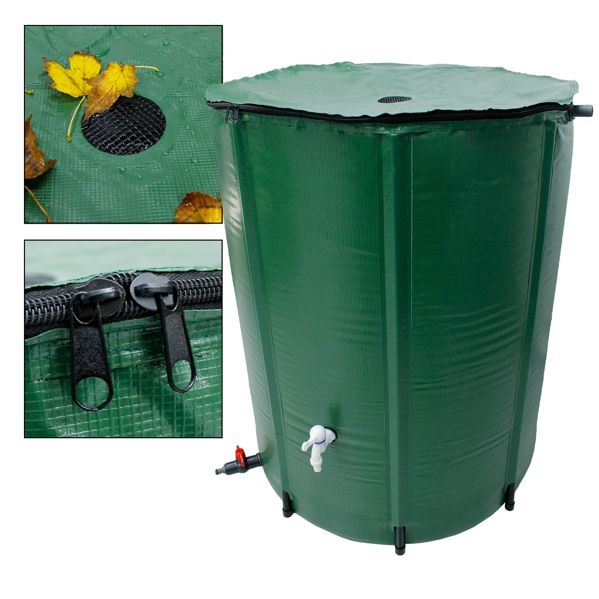 Grüner Wassertank mit Laub und Reißverschlussdetails.