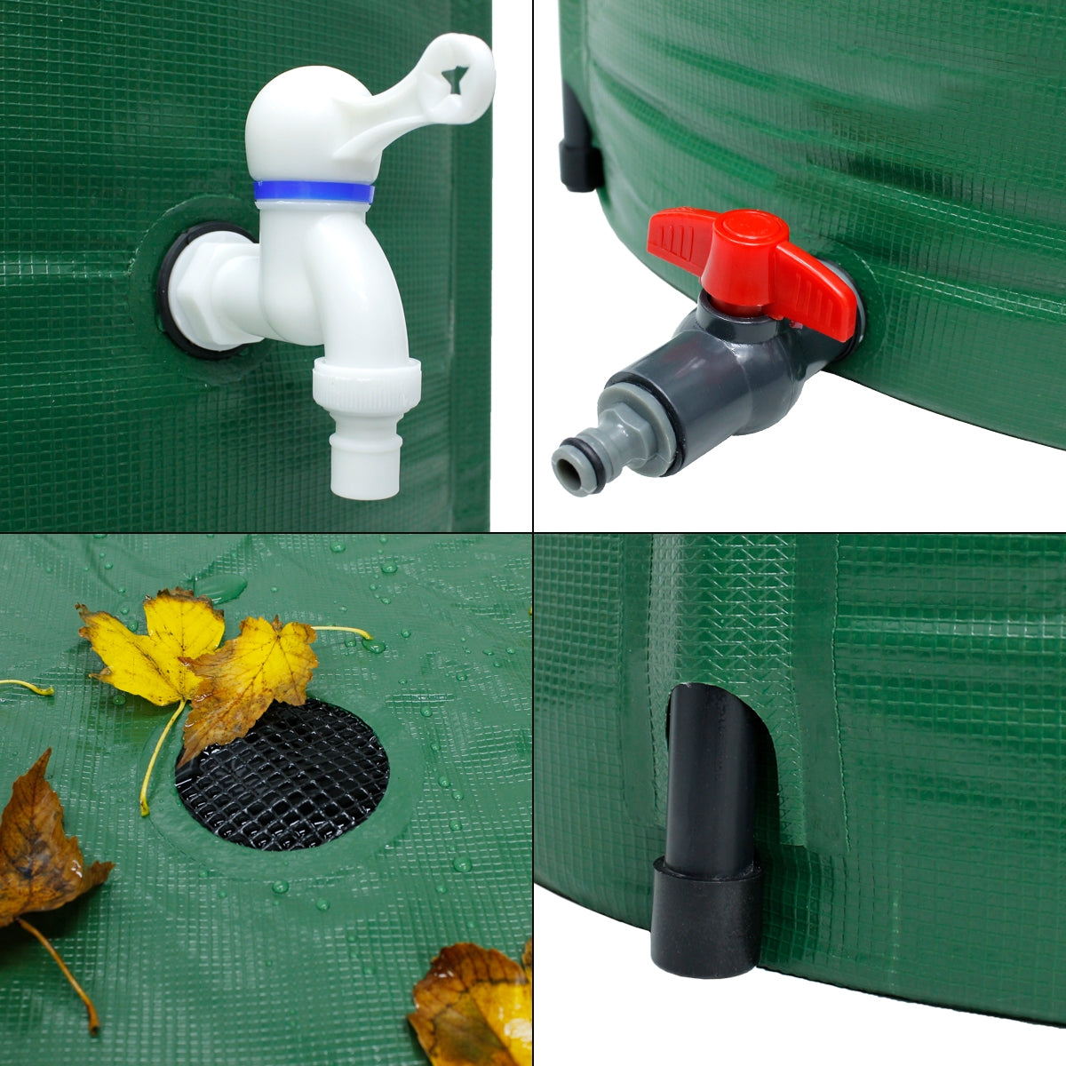 Detailansicht eines grünen Wassertanks mit Wasserhahn und Laub.