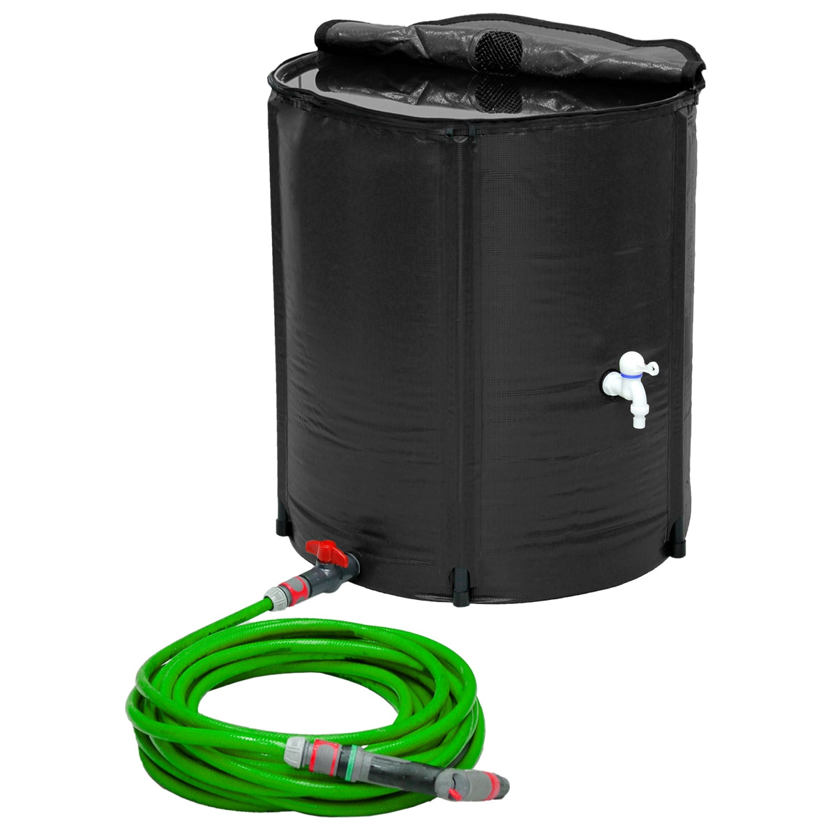 Schwarzer Wassertank mit Schlauch und Ventil.